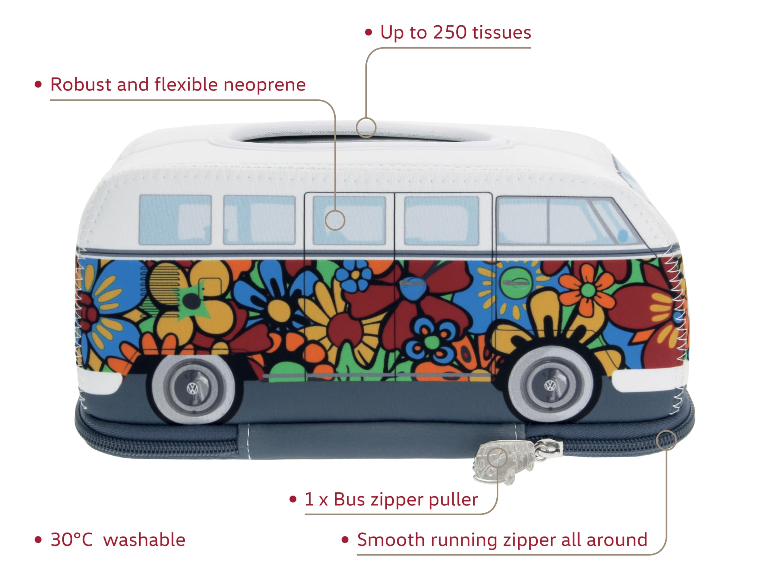 BRISA VW Collection – Volkswagen neoprenowy dozownik serwetek papierowych chusteczek higienicznych do łazienki w stylu T1 Bulli Bus (Flower Power/kolorowy)