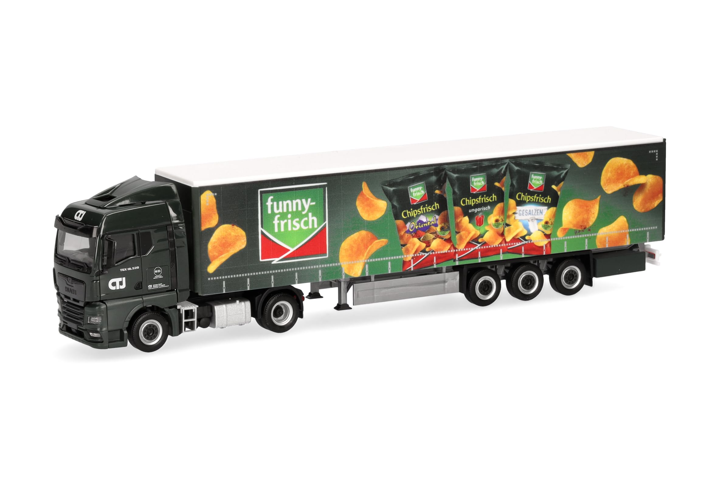 Herpa LKW Modell Man TGX GM Gardinenplanen-Sattelzug CTJ/Funny Frisch (Nordrhein-Westfalen/Dormagen), Miniatur im Maßstab 1:87, Sammlerstück, Made in Germany, Kunststoff, Weiß