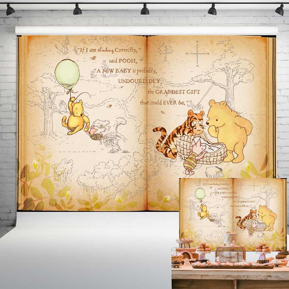 Vintage Pooh Bear Giant Book Backdrop for Baby Shower Classic Winnie Hundred Acre Woods Map Brown Photo Background Newborn Party Decorations 7x5 ft