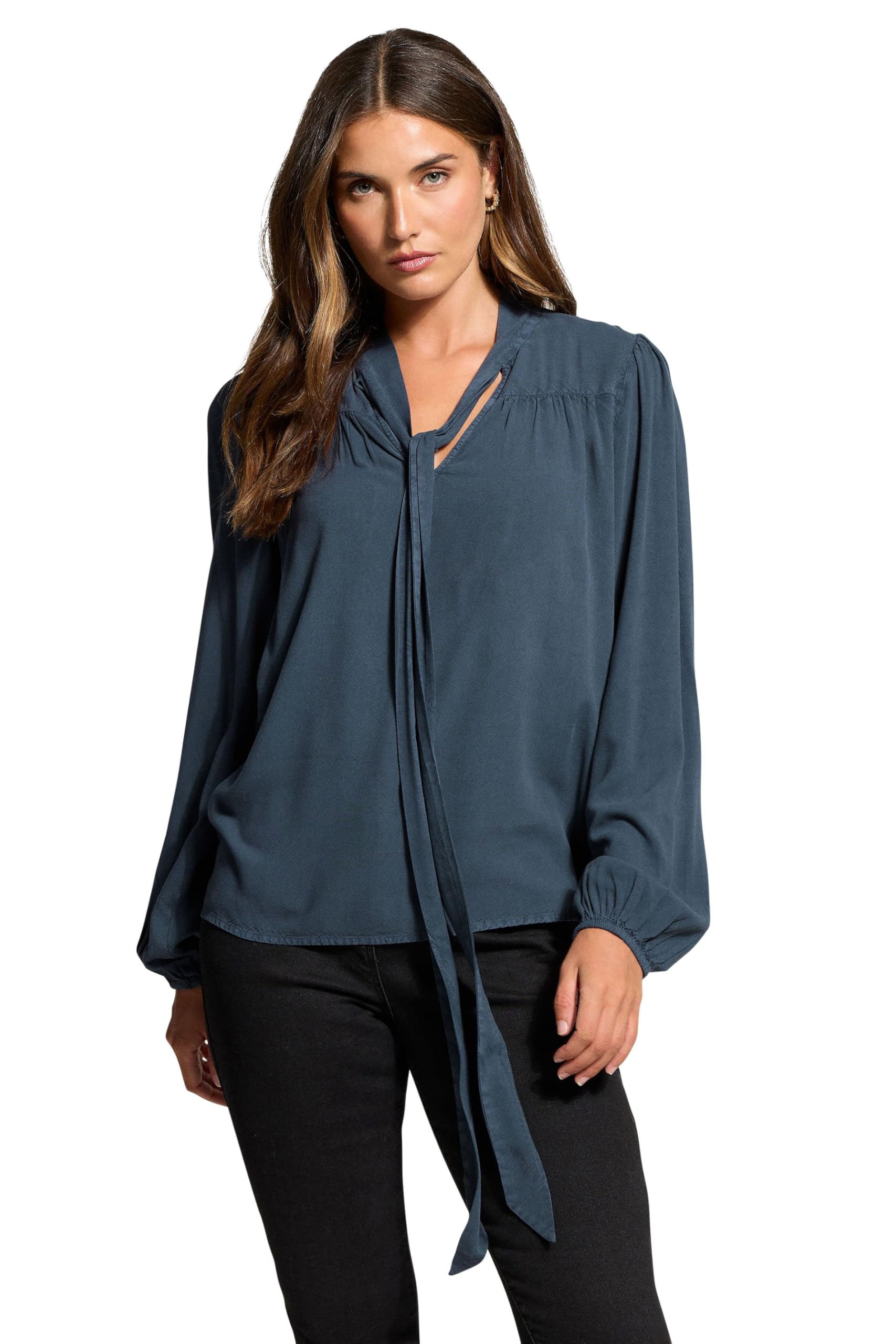 Long Tall Sally - LTS Tall Blue Acid Wash Tie Neck Blouse - Women's
