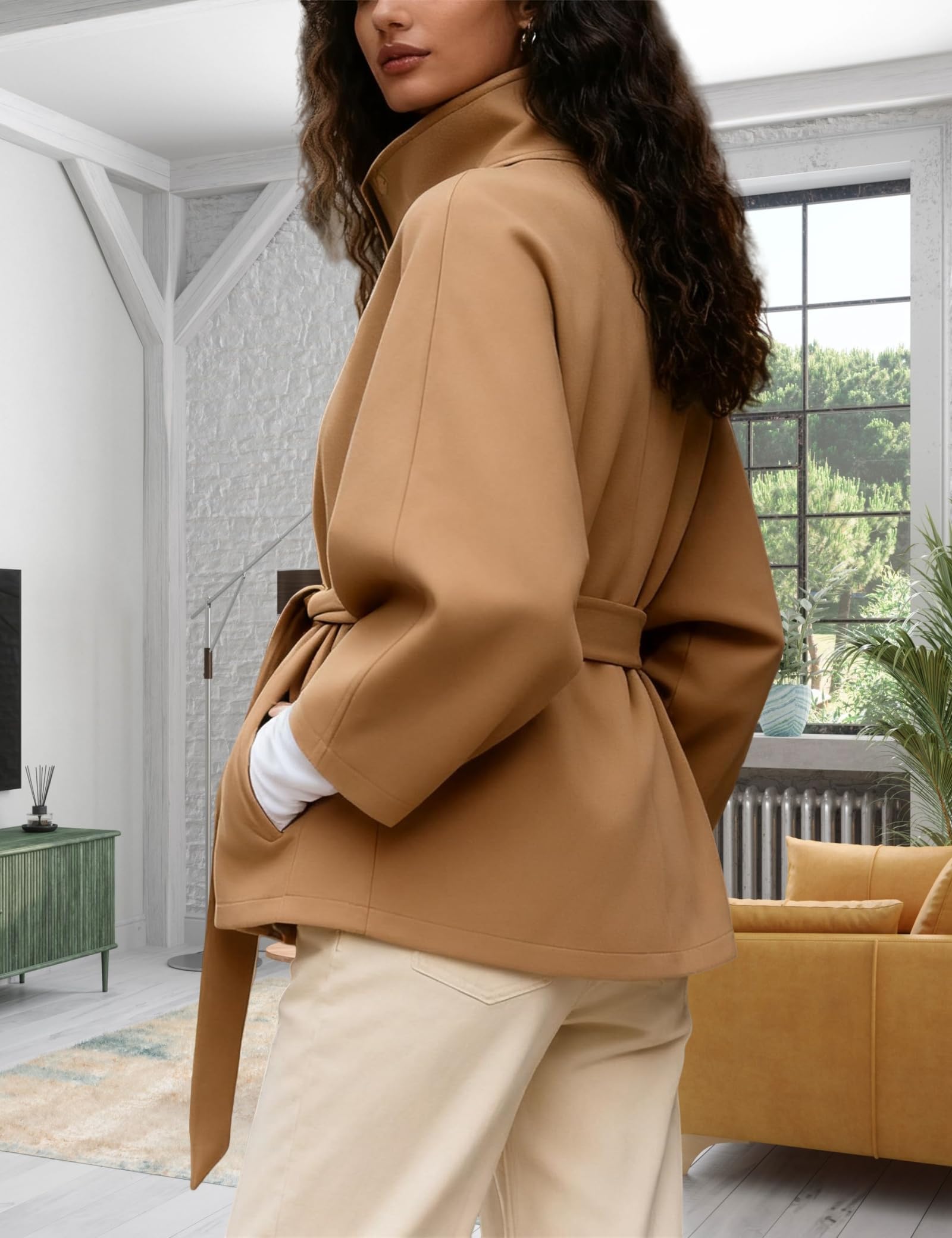 Generisch Damen-Poncho mit Fledermausärmeln, übergroßer, trendiger, lässiger Umhang mit Gürtel, Oberbekleidung mit Schalkragen für Herbst und Winter