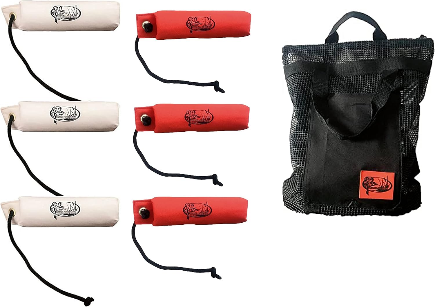 Dual-Pack (6) Canvas Bumpers with Throw Ropes - Weighted Dog Retrieving Dummies - 3 White and 3 Orange - with Mesh Bumper Bag