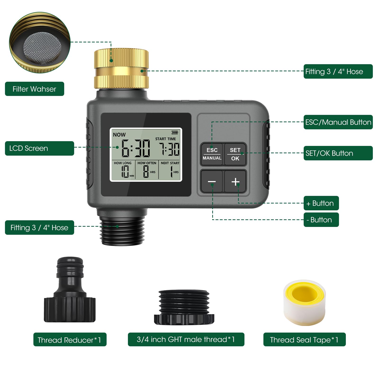RIOGOO Gartenschlauch-Wasserhahn-Timer, programmierbarer Sprinkler-Timer mit Regenverzögerung (1 Outlet Water Timer)