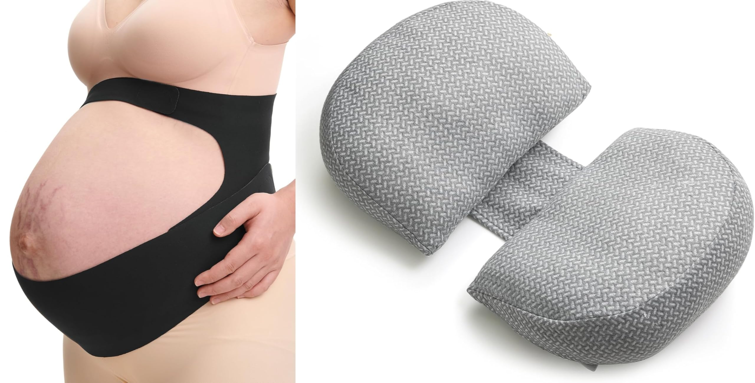 Momcozy Schwangerschafts-Bauchband mit Ergonest-Stütze – Unsichtbar & Atmungsaktiv Größe L, Tragbares Schwangerschaftskissen – W-förmiges Seitenschläferkissen für Rücken