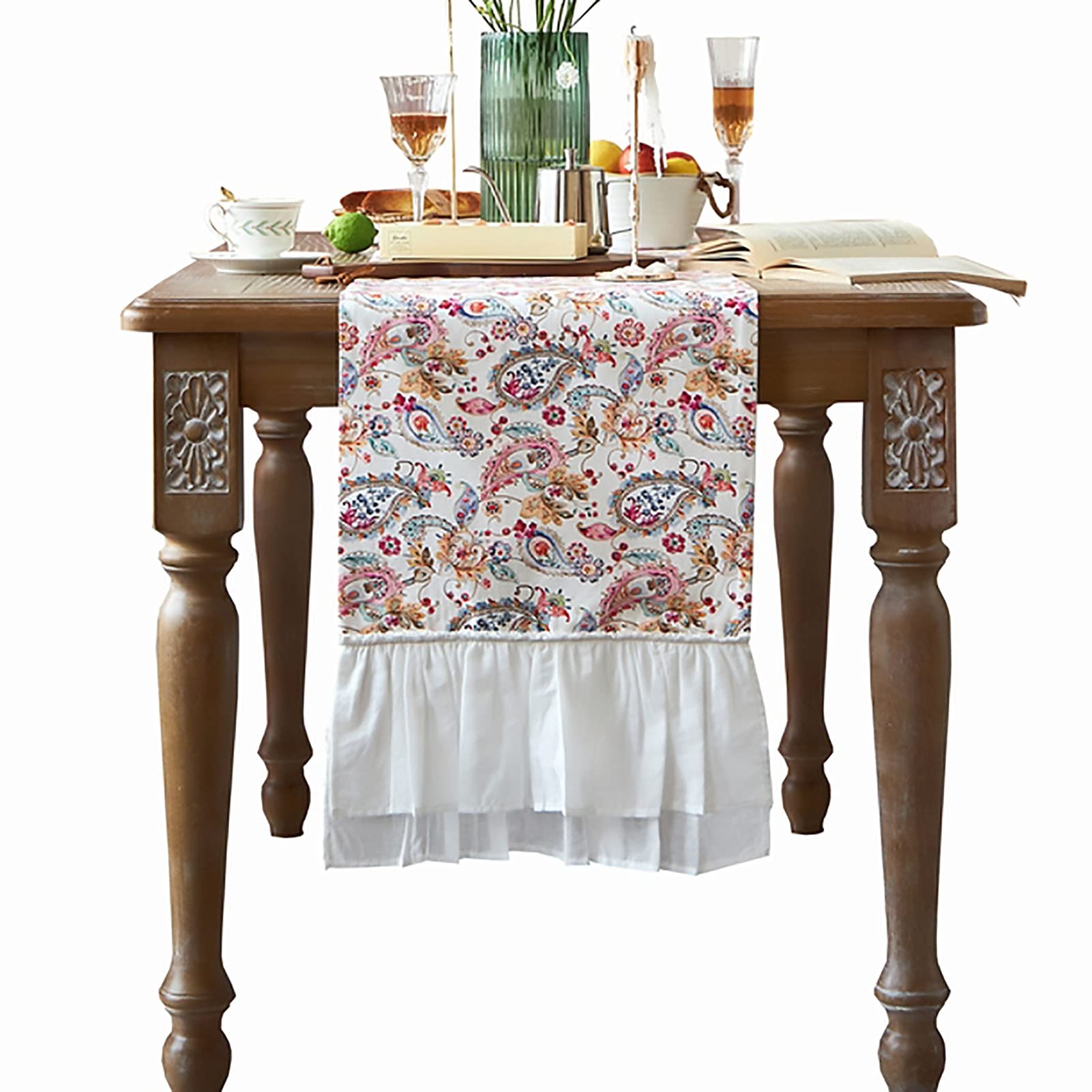 ZJM Delicate Kitchen Table Runner for Dining Tables, Colored Feathers Table Cloth Desk Mats for Side Table Coffee Tables, White Flounces (Size : 38×100cm/15×39.4in)