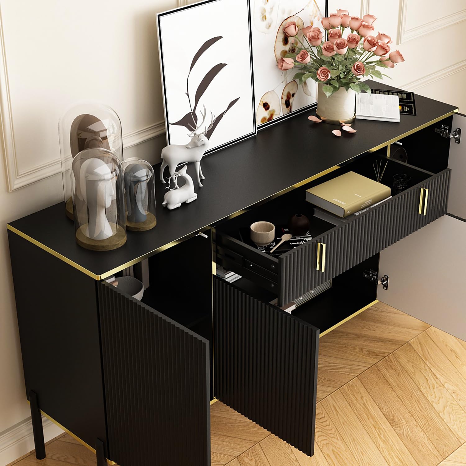 Credenza con 4 ante e 1 cassetto, ripiano regolabile, cassettiera, armadio da cucina, buffet con gambe in metallo per ingresso