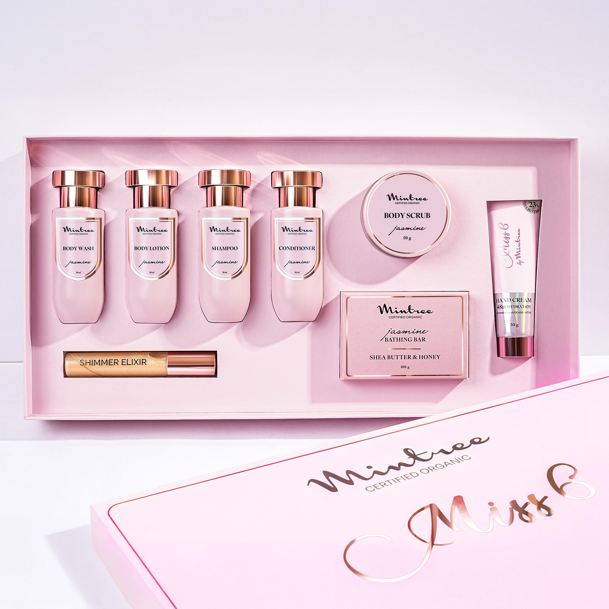 Mintree 8 in 1 Bath and Body Care Gift Set with Body Wash, Lotion, Scrub, Bathing Bar, Hand Cream, Shimmer Elixir, Shampoo and Conditioner For Women | All Skin Types | Suitable for Birthday, Anniversary Gifting and every special occasion-image-24