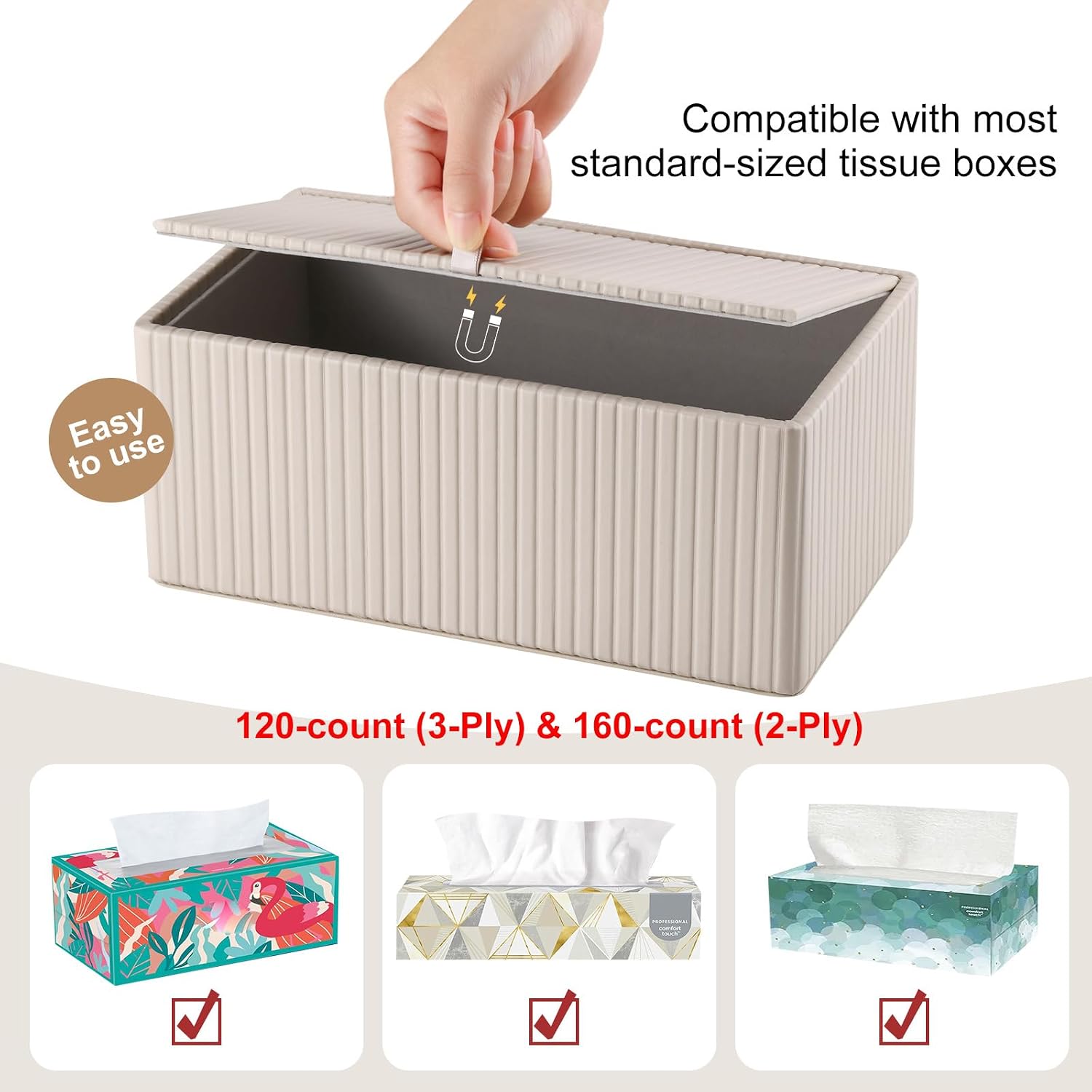 KINGFOM PU Leather Tissue Box Cover Rectangular Tissue Box Holder with Magnetic Bottom, Napkin & Facial Tissue Holder Dispenser for Home, Office for Standard 120-count/160-count (2-Ply) Beige Stripe