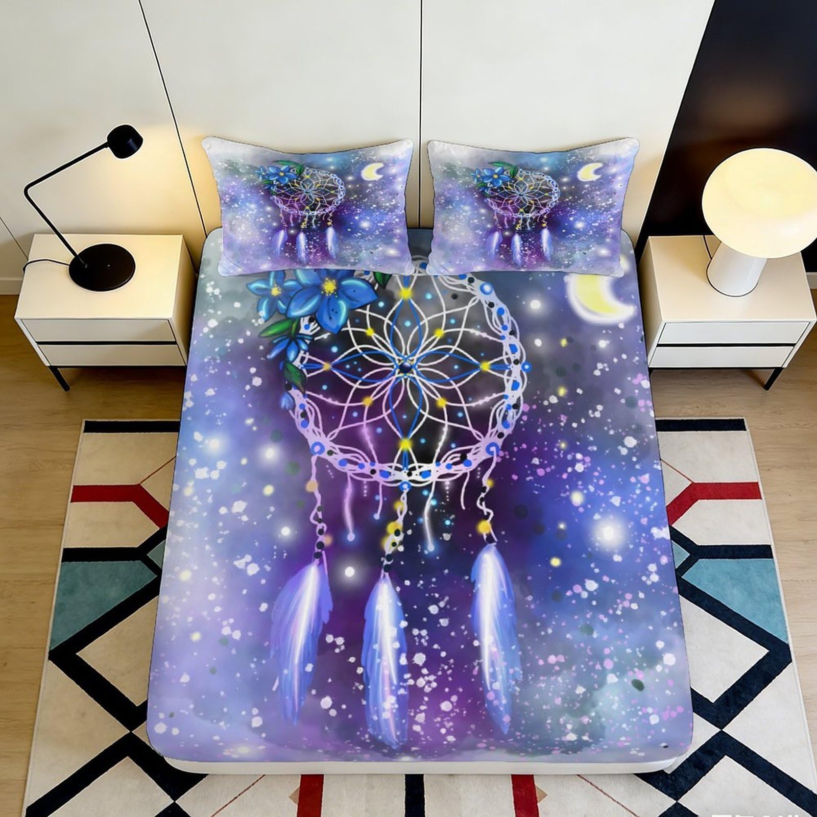 3D Printed Dreamcatcher Galaxy Fitted Sheet Microfiber Soft Purple Blue Starry Sky Mattress Cover for Bedroom Dorm Decor 90x200x25cm