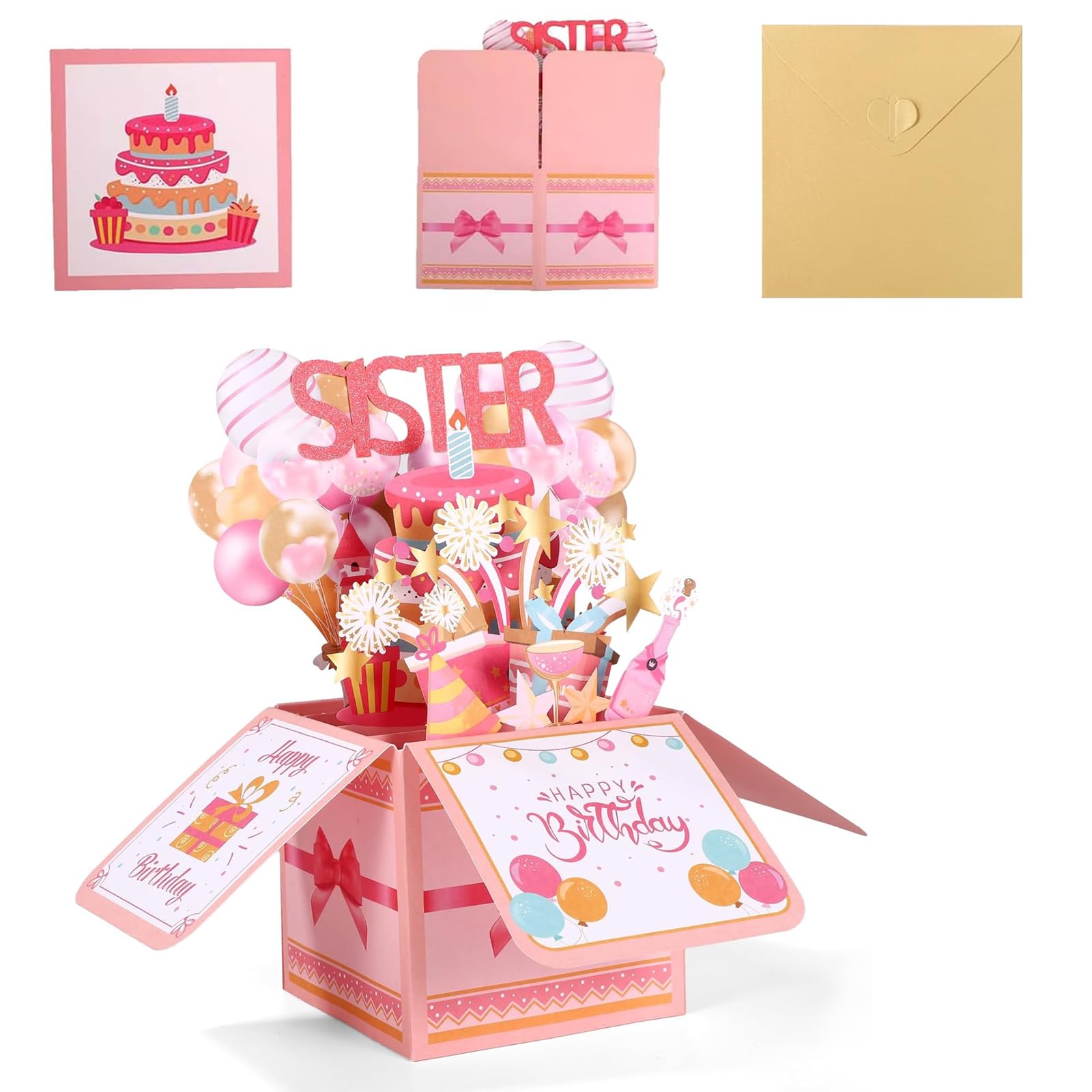 Happy Birthday Sister Pop Up Card, 3D Birthday Card with Envelope Unique Gift, Greeting Card Funny Wife Pop Up Cards Happy Birthdays Gifts for Women Party Decoration Keepsake