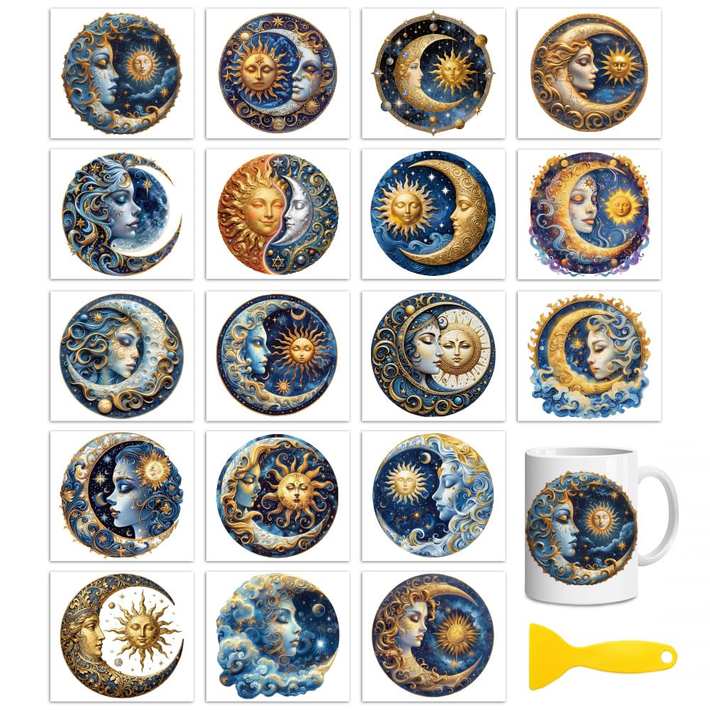 Peacoblue 18 Sheets Rub On Transfers for Crafts, Vintage Sun and Moon UV DTF Cup Wrap Waterproof Cold Transfers Stickers for Wood Glass Home Decor 9×10CM