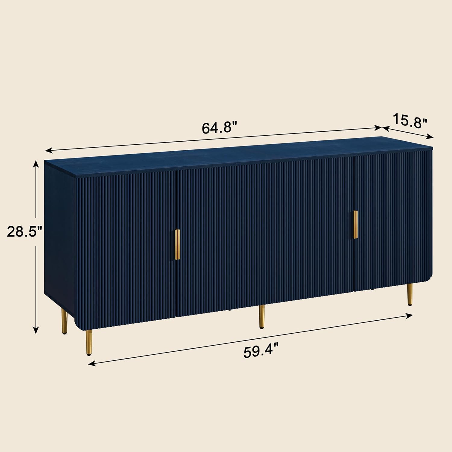65" Fluted Sideboard Buffet Cabinet with Storage, Console Cabinet with 4 Doors & Adjustable Shelves, Modern Buffet Table for Kitchen Dining Living Room Hallway‌ Entryway, Blue