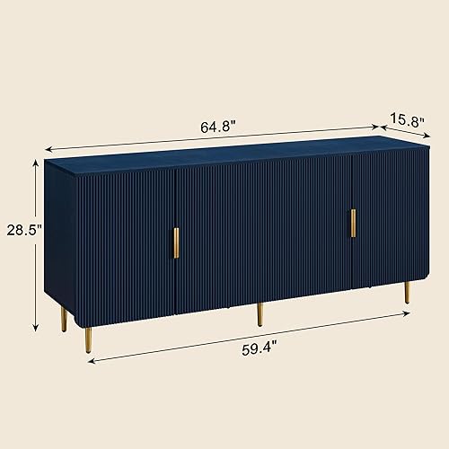 Miniatura 2 de Armario de buffet acanalado de 65 pulgadas con almacenamiento, gabinete de consola con 4 puertas y estantes ajustables, mesa de buffet moderna para