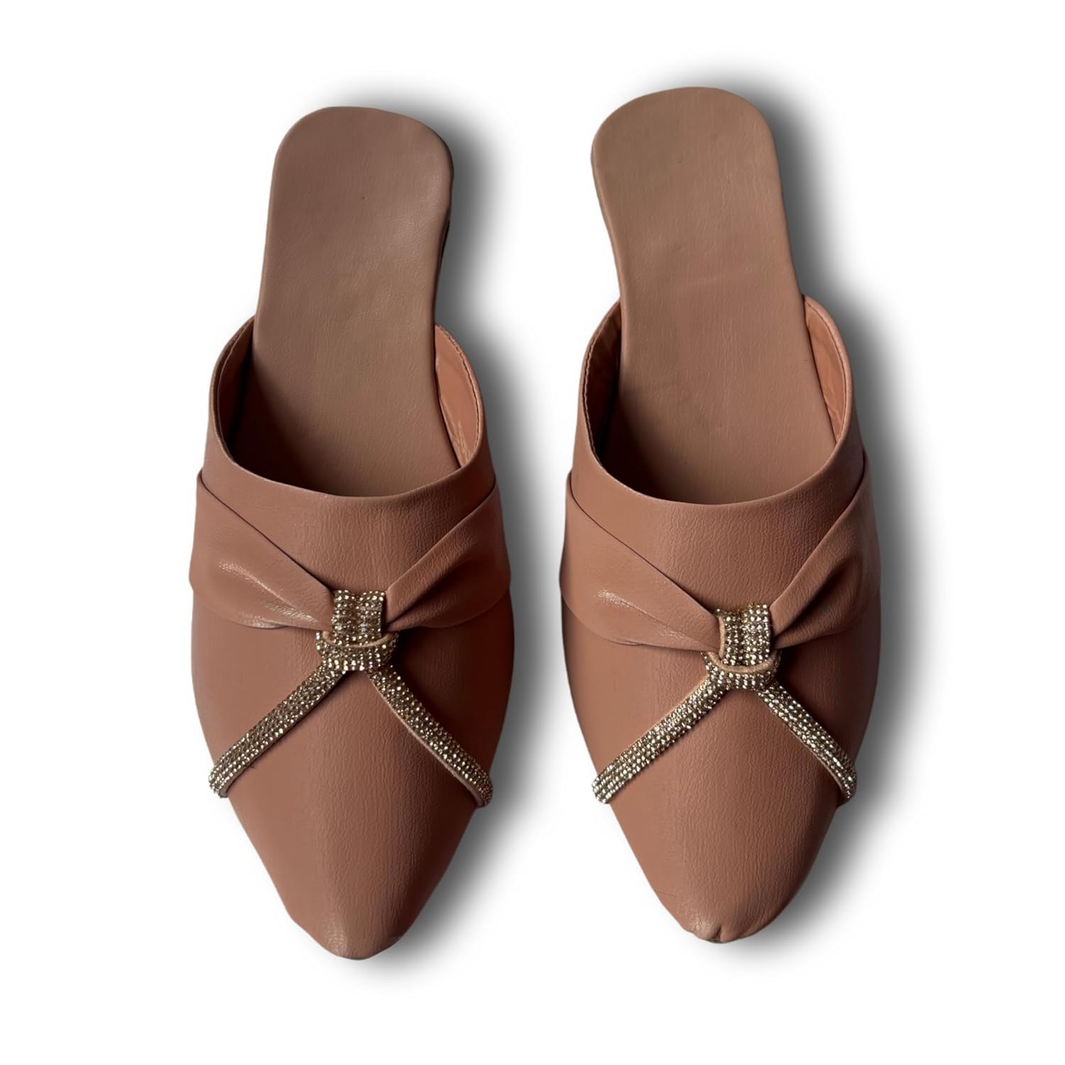 Women’s Closed Toe Mule Sandals with Rhinestone Knot – Stylish Slip-On Faux Leather Ethnic Flats