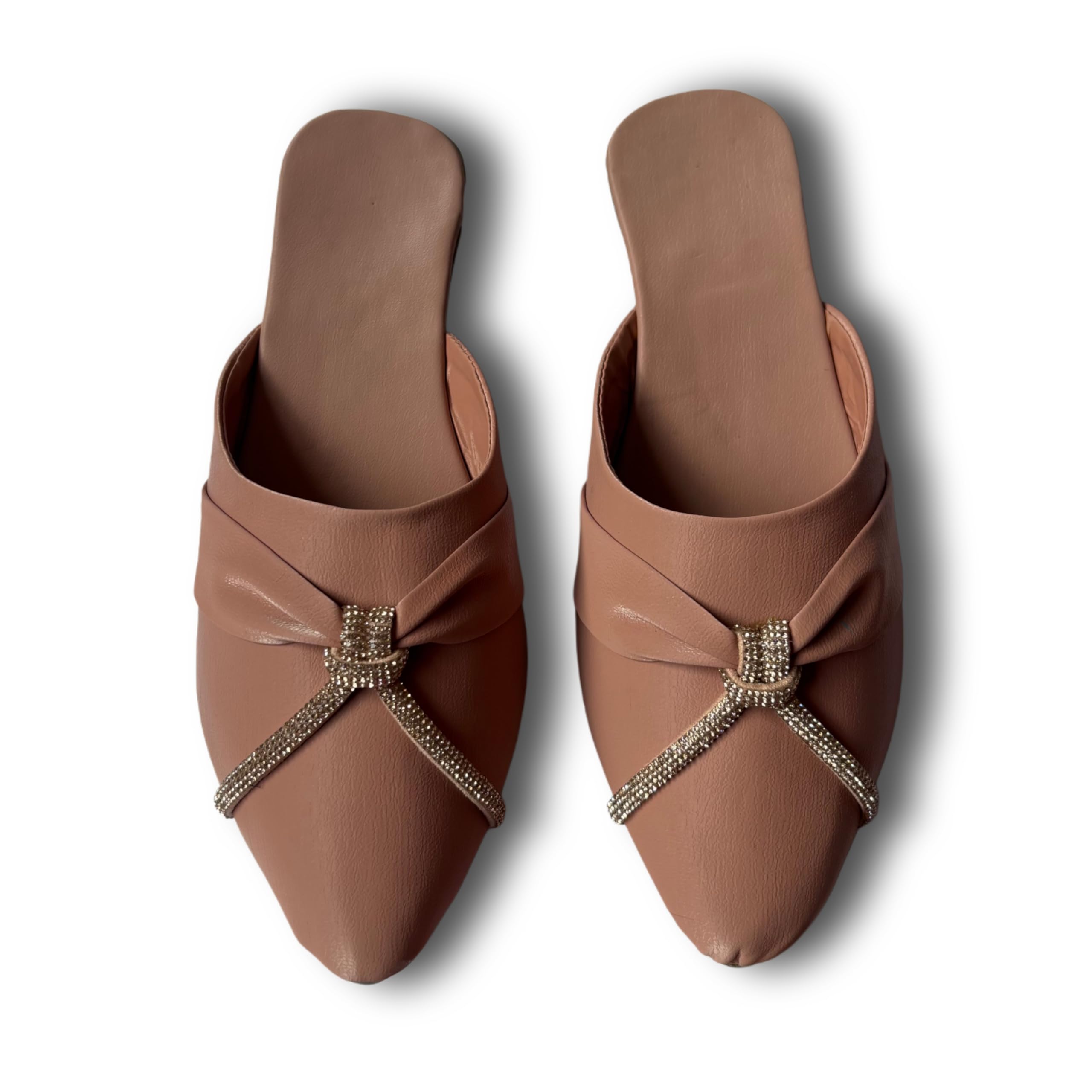 Women’s Closed Toe Mule Sandals with Rhinestone Knot – Stylish Slip-On Faux Leather Ethnic Flats-image-15