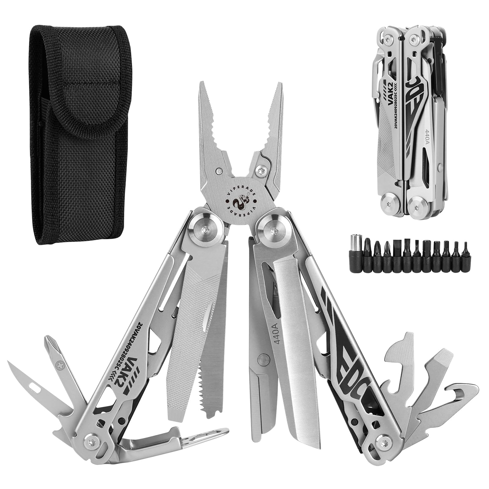 VIPERADE VAK2 EDC Multitool, Pince multifonction 20 en 1 en acier inoxydable, Couteau de poche avec verrouillage automatique, Multitools pliables et robustes avec ciseaux pour randonnée, camping