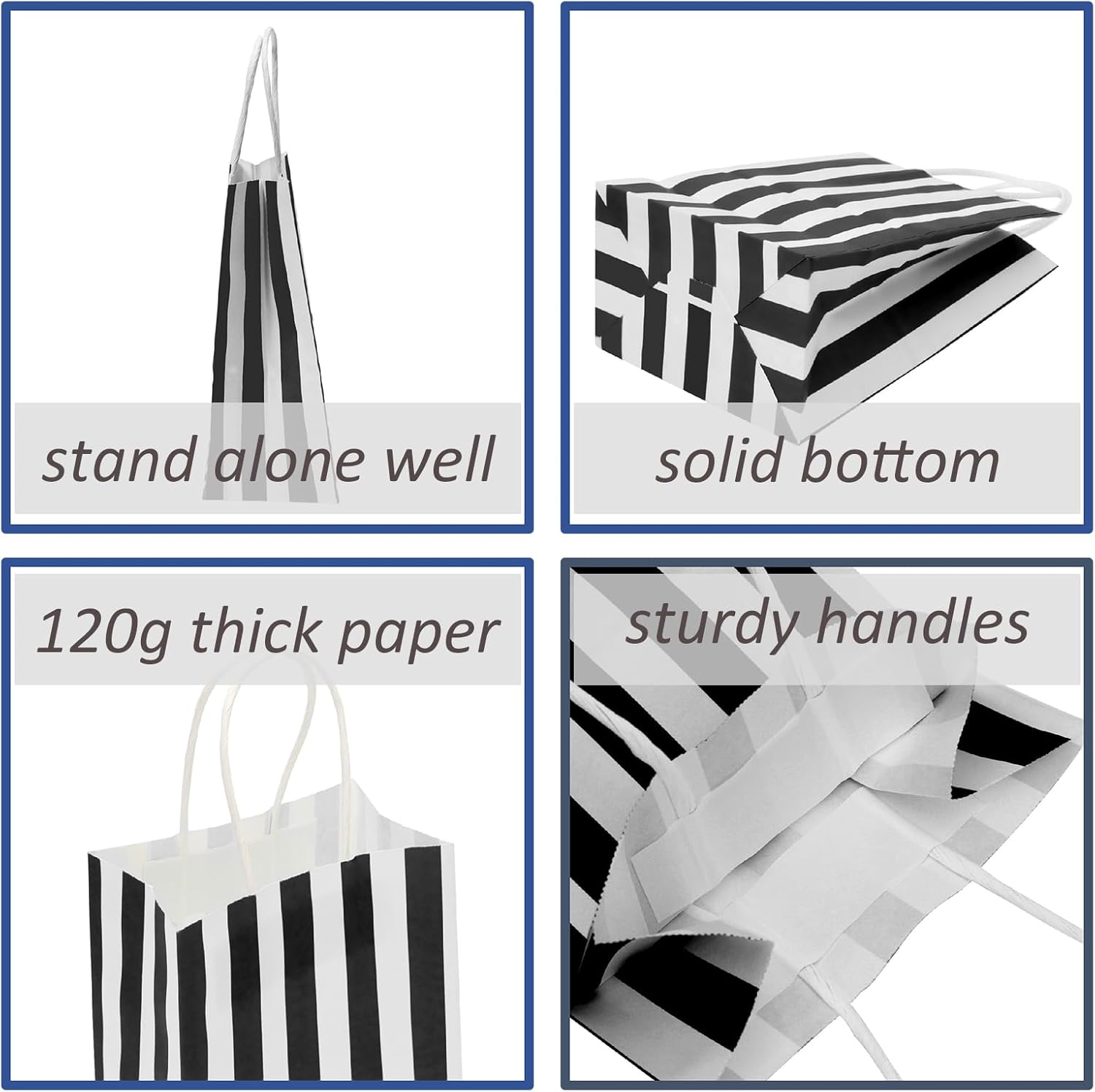 100Pcs Small Gift Bags, 5.25x3.25x8 Inches Black & White Striped Recycled Kraft Paper Bag with Handles Bulk for Christmas, Party Favors, Shopping, Goodie, Birthday, Retail, Halloween,Business,Gift Wrapping