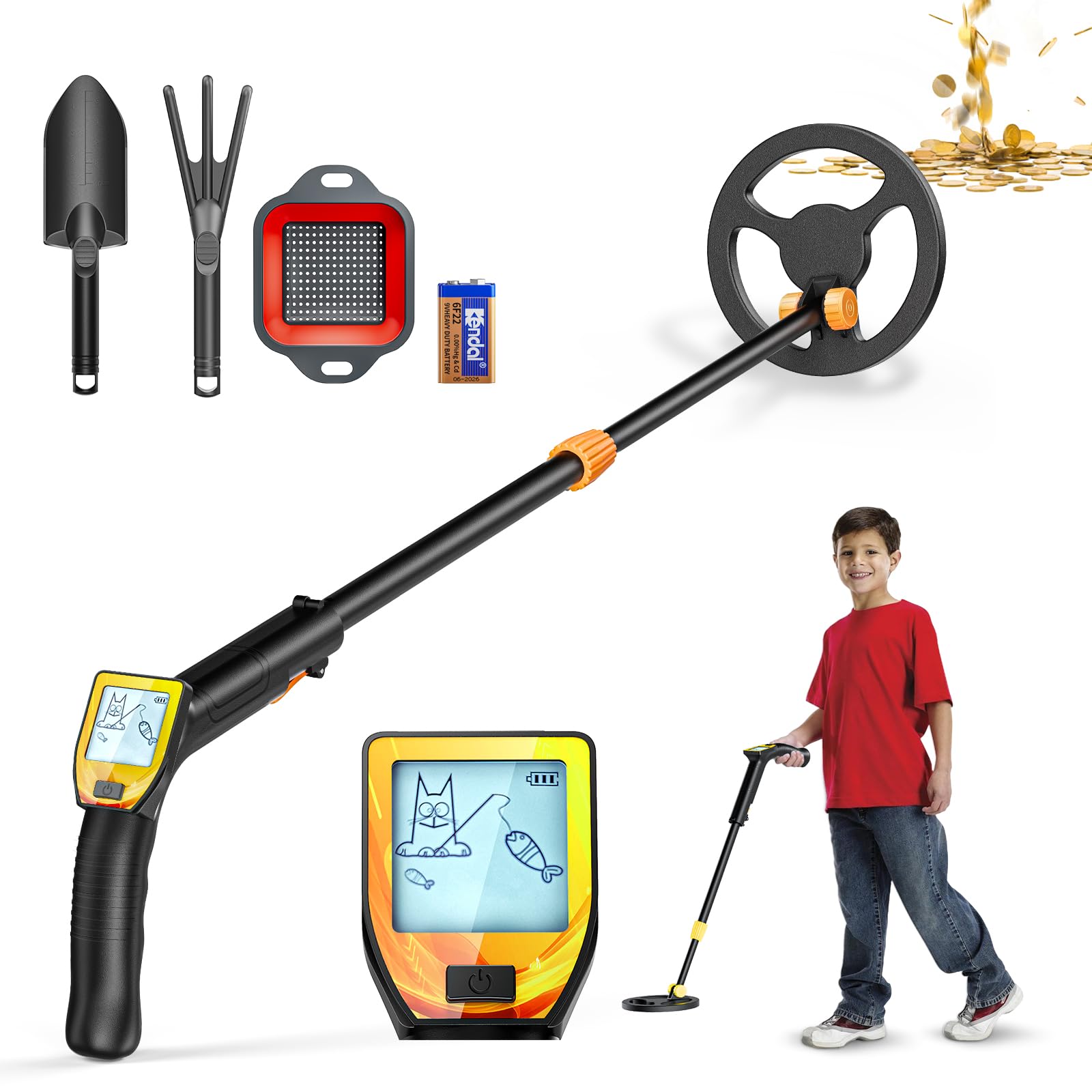 Metal Detector Per Bambini, Con Bobina Impermeabile, Display LCD E Audio, Stelo Regolabile 66-83cm, Set Completo Con Pala