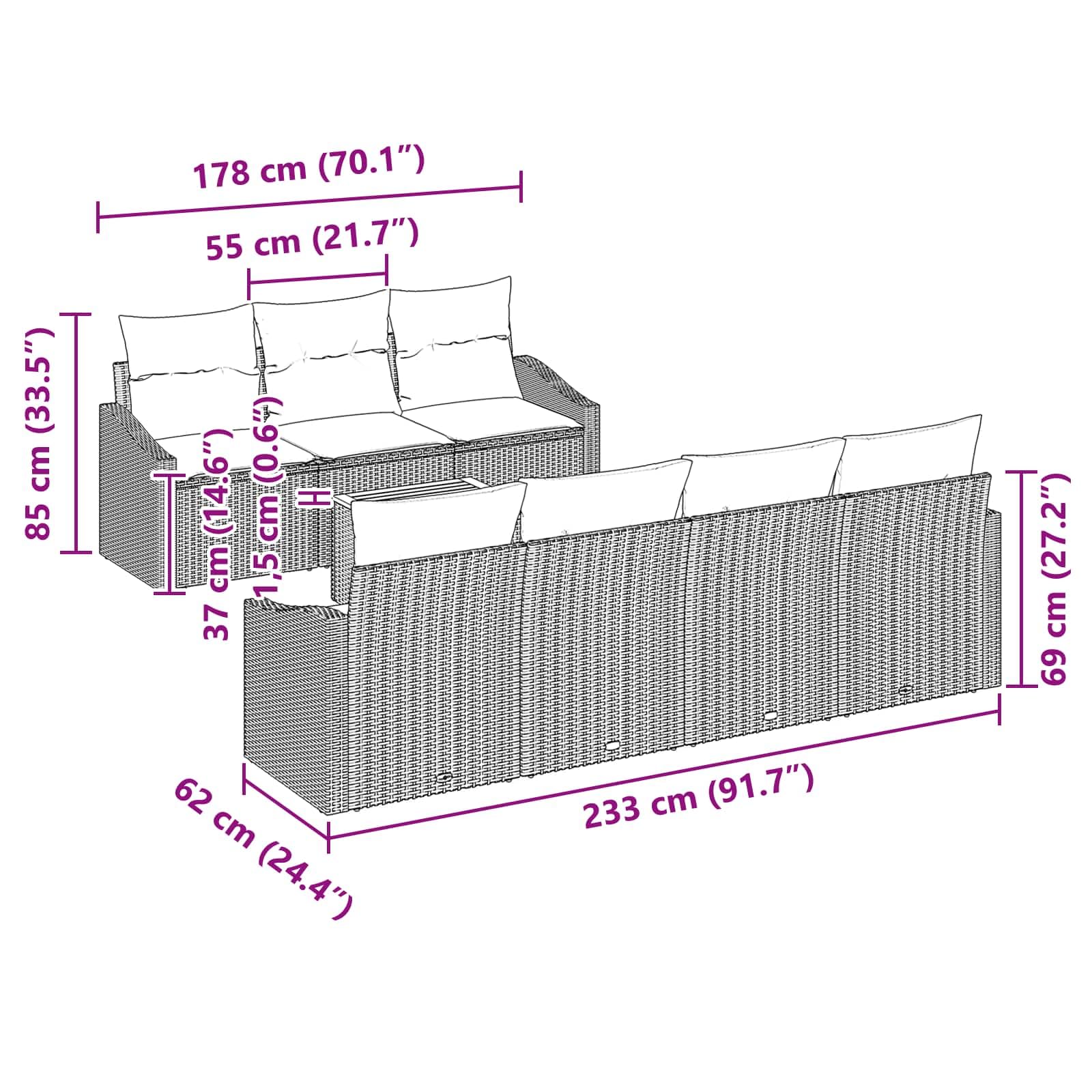Juego de muebles de jardín de 9 piezas con cojines negros, polirratán modular para 8 personas, incluye mesa de jardín y cojines para terraza, balcón y jardín
