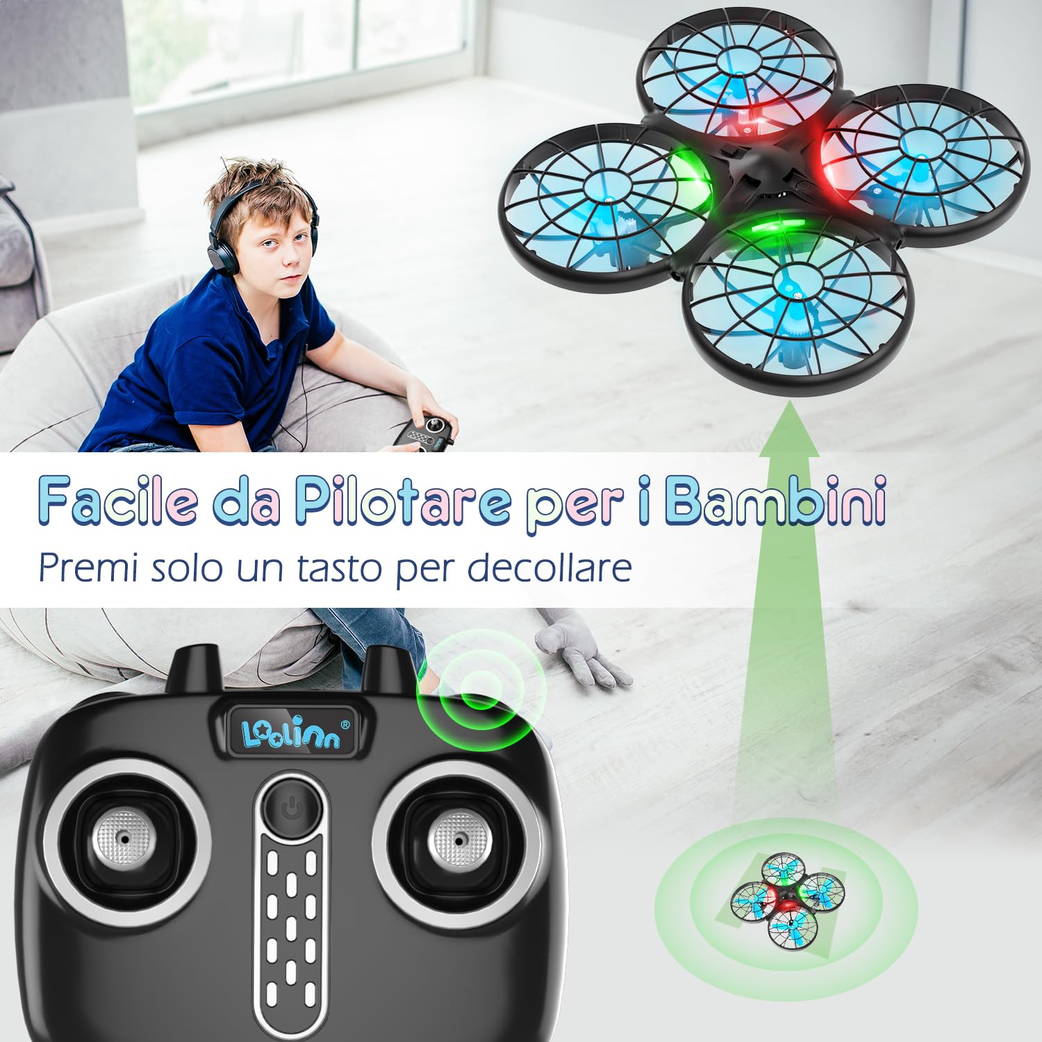 Loolinn | Drone per Bambini Regalo - Mini Drone con Tecnologia Anti-Collisione Automatica/Sicuro per i Bambini/Facile da far Volare/Acrobazie a 360°- Certificazione Approvata C0