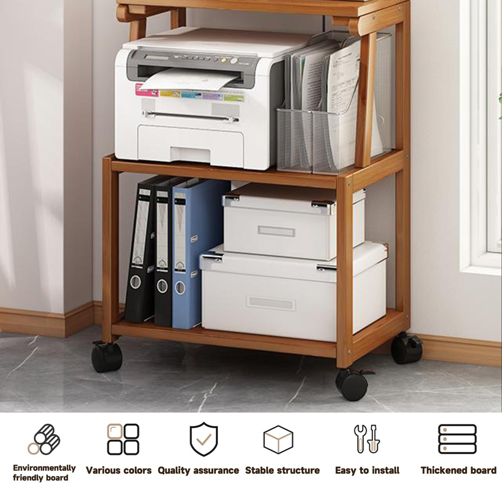 Mensola Porta Stampante Mobiletto Con Ruote Supporto Per Stampante In Legno Porta Stampante Da Scrivania Tavolo Per Stampanti A 3 Livelli Con Ruote Supporto Per Monitor In Legno(Brown,3rd flo