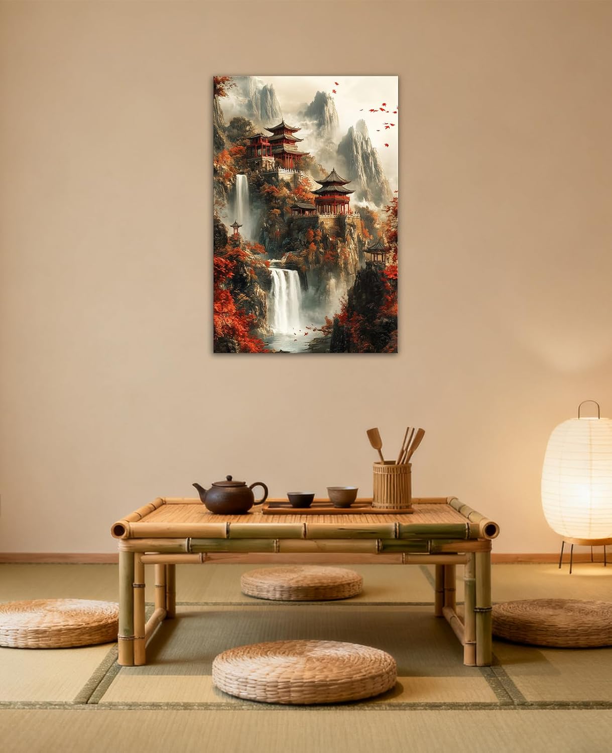 Japanese Canvas Wall Art Watercolor Pagoda Waterfall Landscape Painting Poster Prints Japan Themed Artwork for Living Room Bedroom Wall Decor(Artwork-4,12"x18")