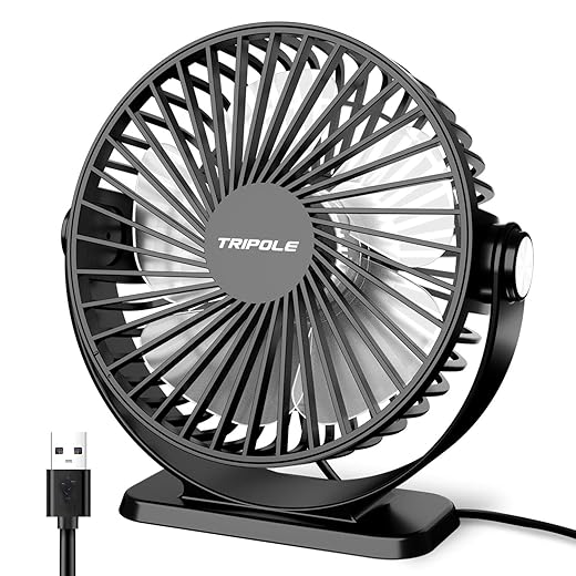 TriPole Small Desk Fan USB Powered Portable Fan 3 Speeds Strong Airflow Mini Fan 360°Rotation Personal Table Fans for Home Office Bedroom Desktop, 5.1 Inch Black, 4.9ft Cable