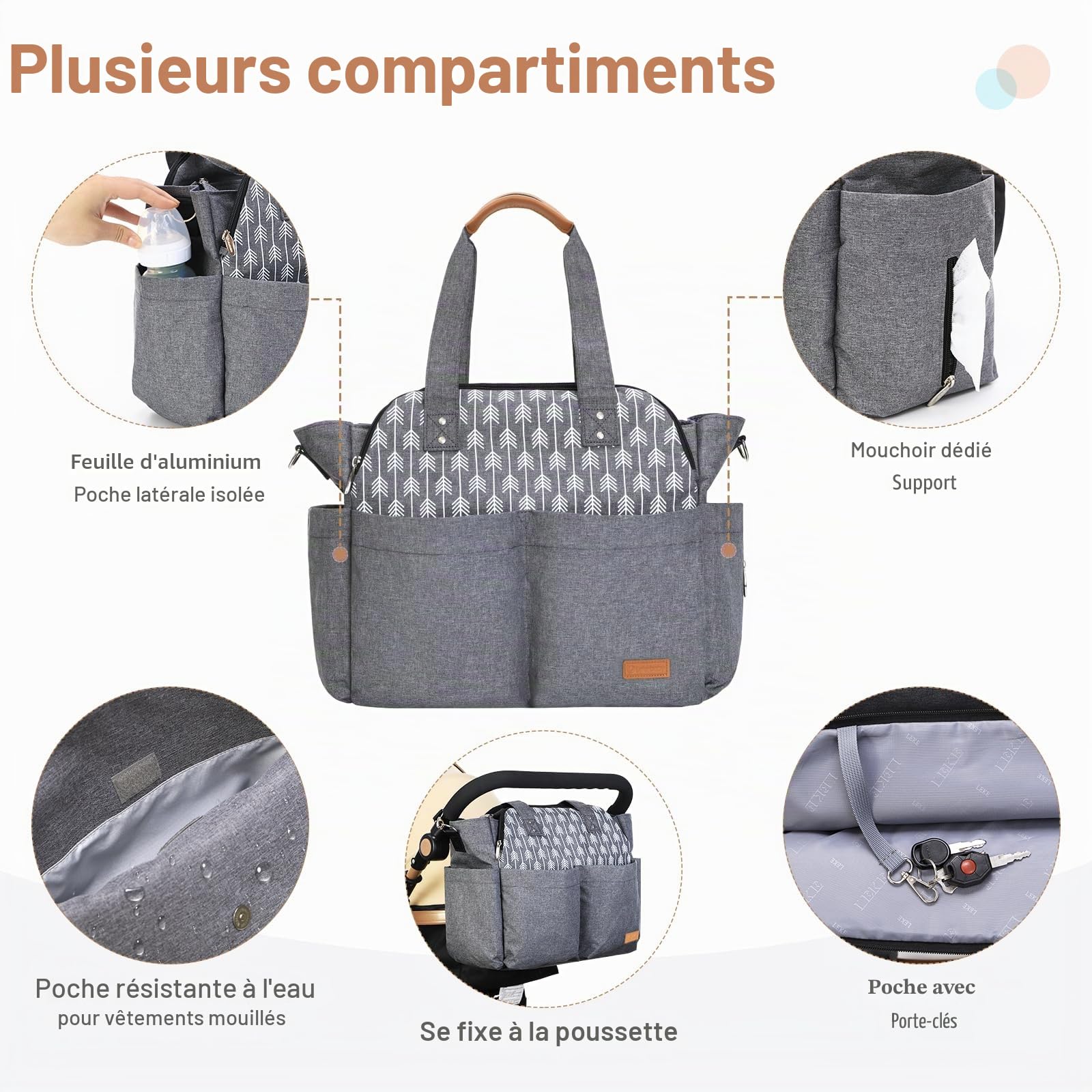 Lekebaby Sac à Langer Bébé Bandoulière Sac Maternité Grand Portable