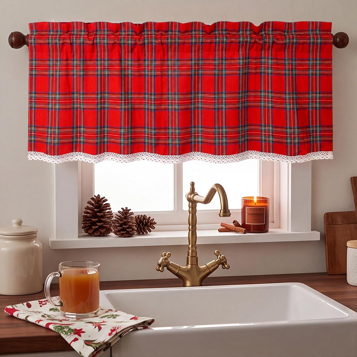 2 Pack Christmas Red Tartan Plaid Window Valances with Lace, 18 x 52 Inch