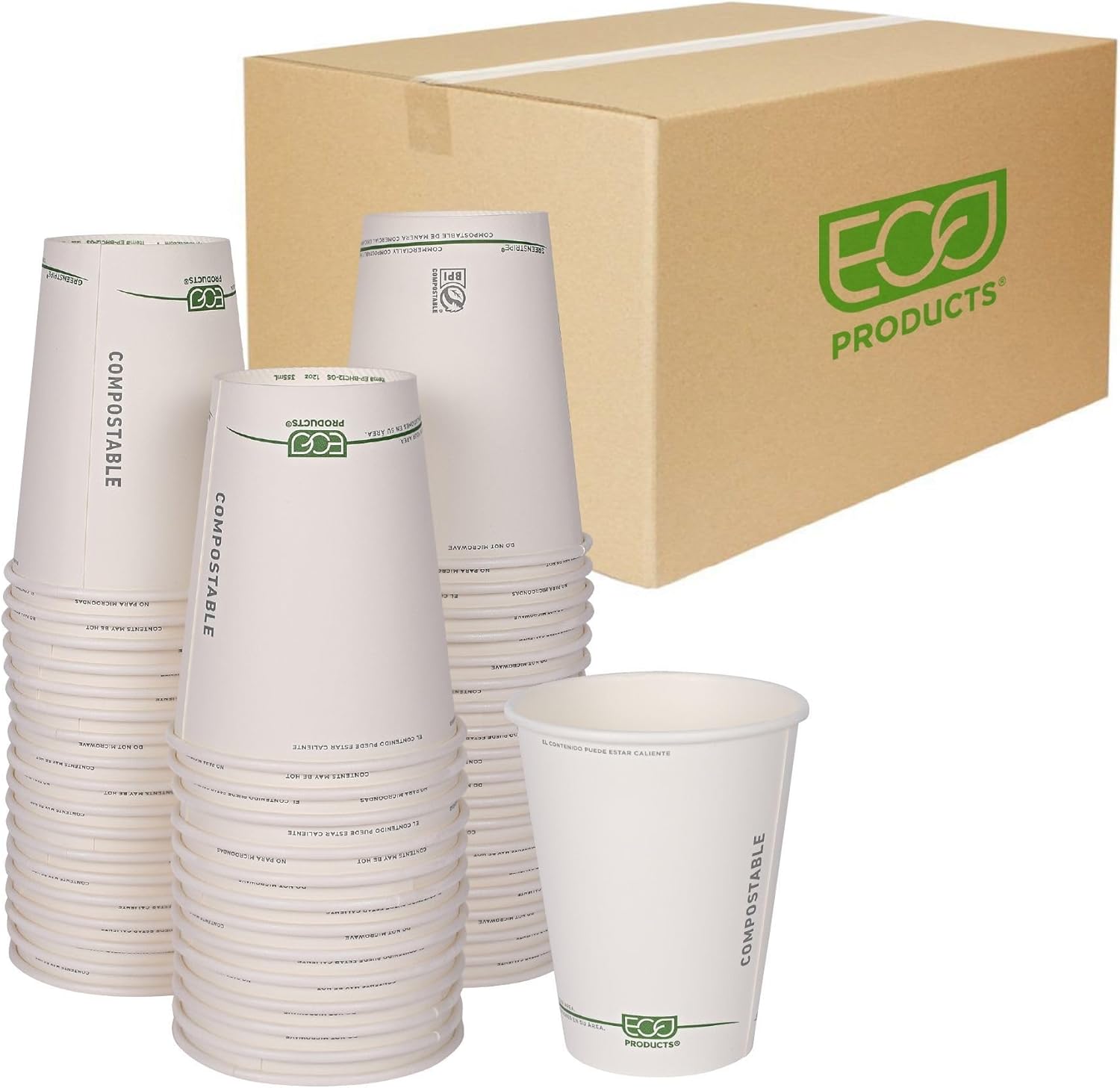 ECO PRODUCTS Compostable Disposable GreenStripe 12oz Coffee Cups, Case of 1000, White Single Wall Hot Paper Cup, Plant Based PLA Lining, Biodegradable
