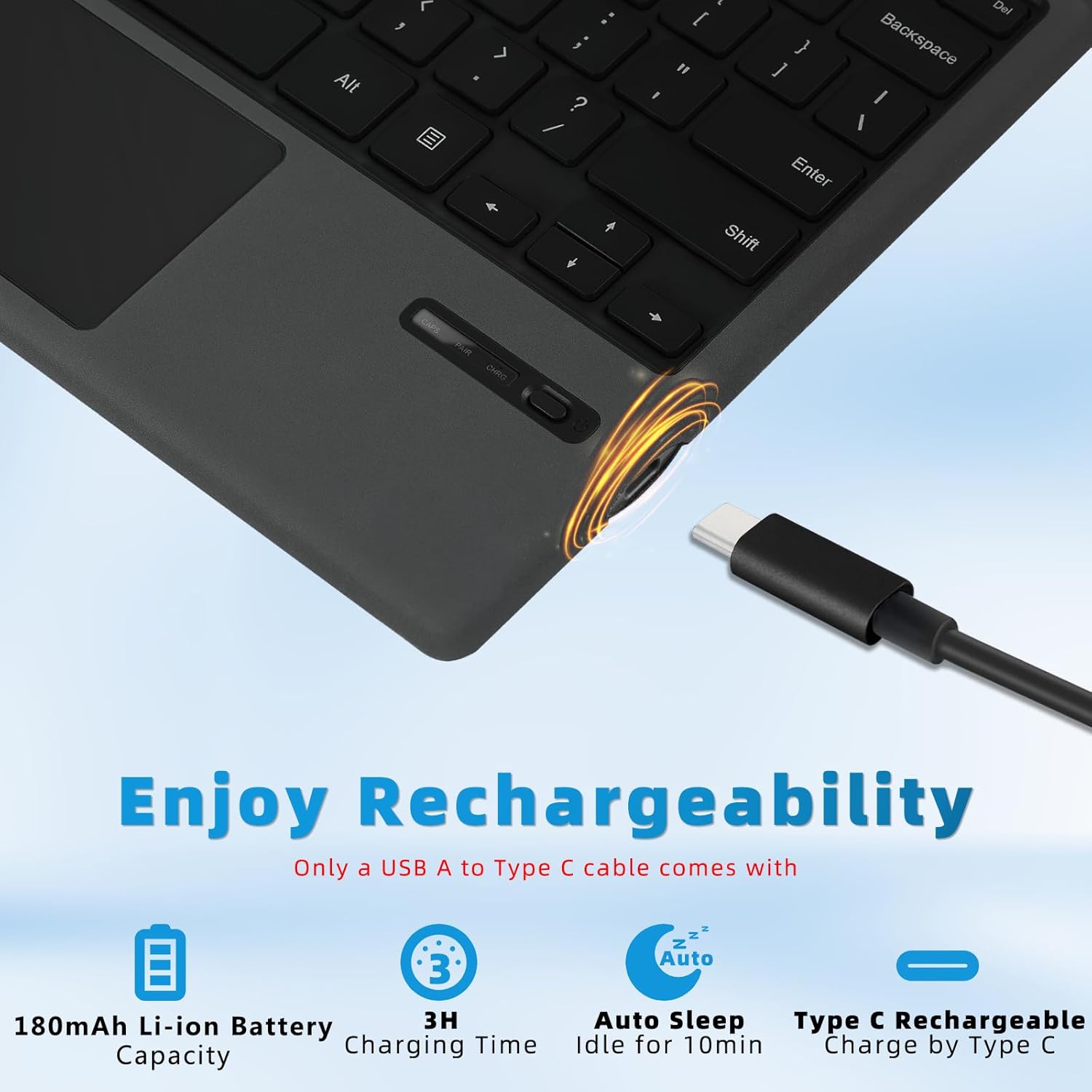 Image showing the Type-C charging port and battery indicators on the keyboard