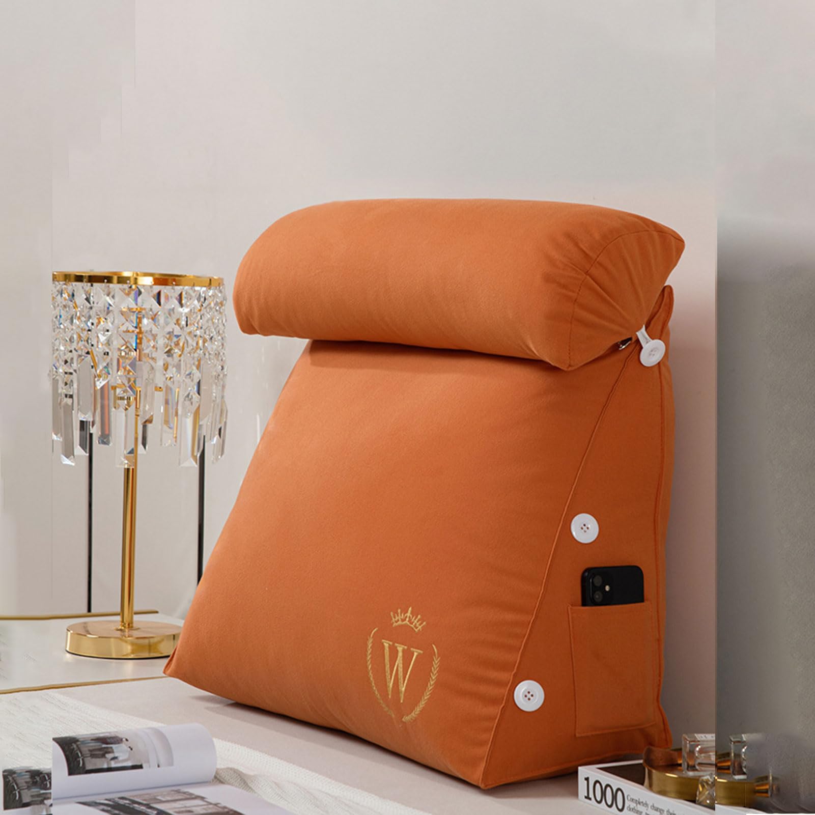 Reading cushions, And Detachable Neck Roll With Shredded Memory Foam,Great As Backrest For Books Or Gaming,Back Support Rests For Sitting Up In Bed Relaxing Ergonomic(Dreamy Orange,45 x 45 x 22 cm)