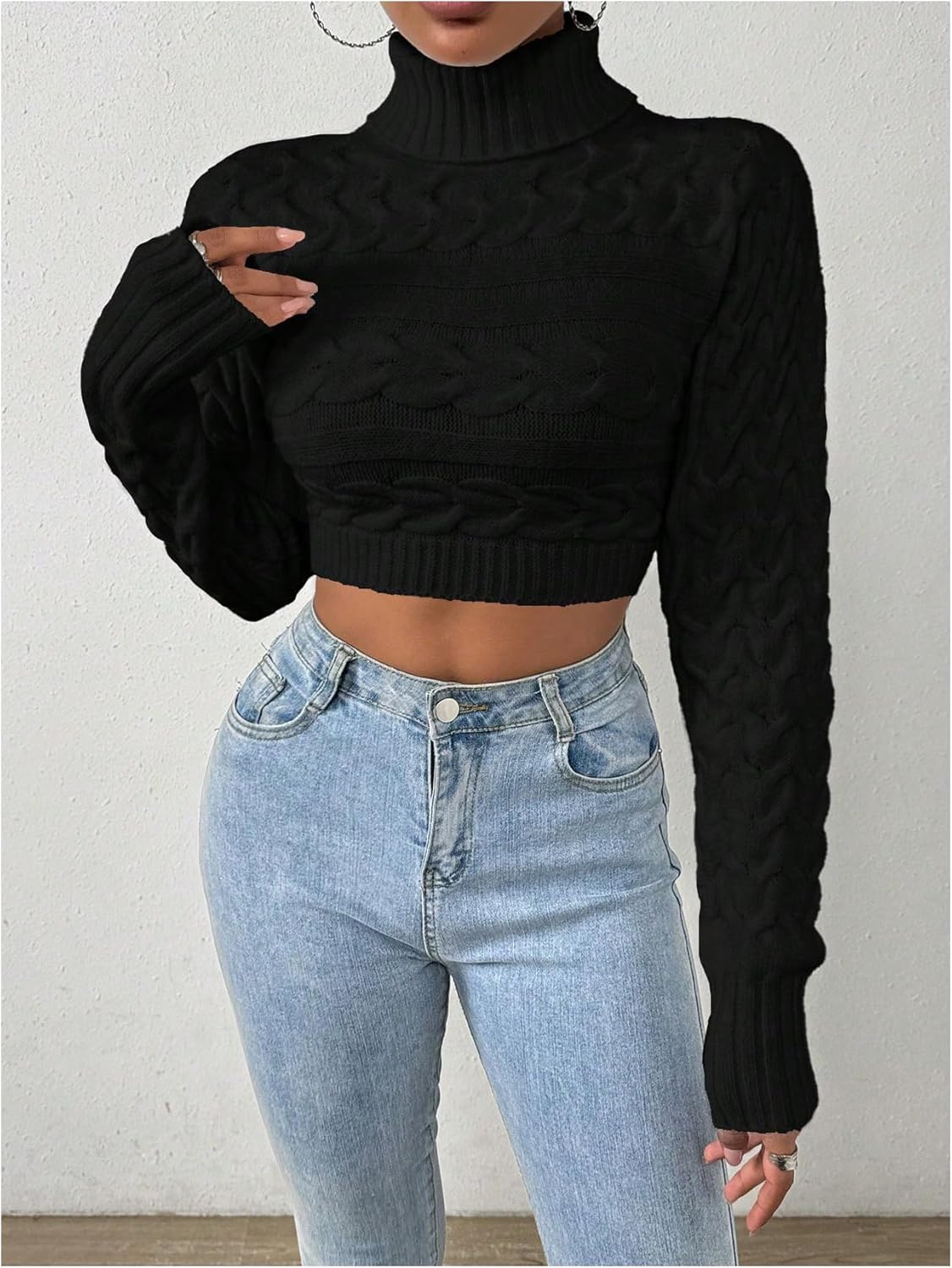 OYOANGLE Women's Cable Knit Turtleneck Sweater Long Sleeve Fitted Cropped Sweaters - Image 3