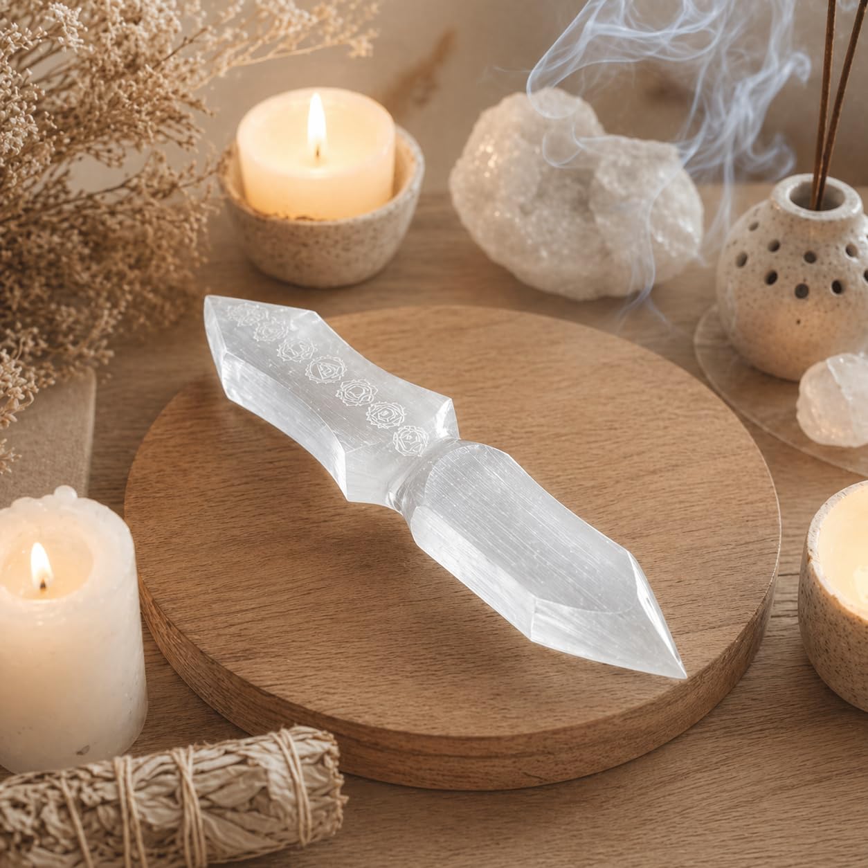 NKlaus Athame de Selenita 26 cm con Grabado de Chakras – Cuchillo Energético Artesanal para Reiki, Meditación y Rituales Espirituales