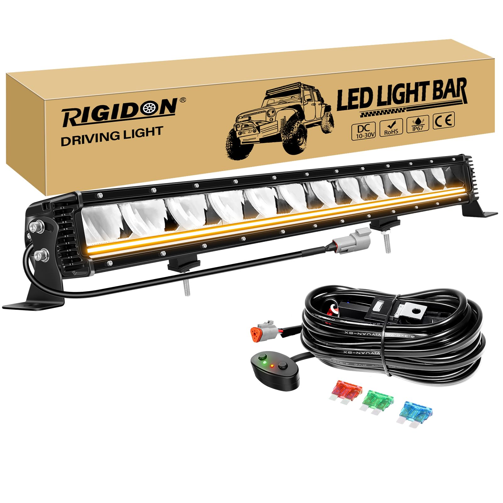 RIGIDON 23 Pollici 60cm 80W 8000LM Singola Fila Barra Led Fuoristrada Con 12V Cablaggio Kit, Ambra DRL Luce Led, Luci di Lavoro Per Auto Camion UTE ATV Barca 4x4 Veicoli Offroad, Impermeabile Bianca