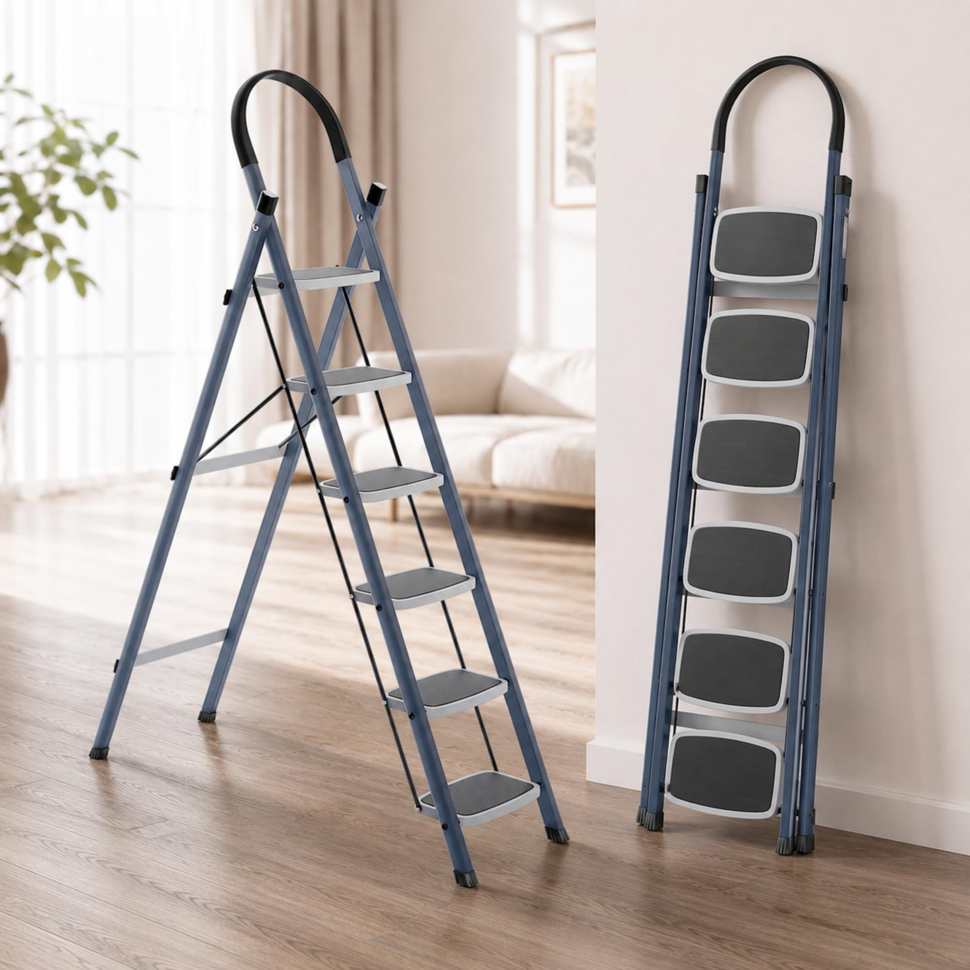 LAPO Ladder for Home Steel Foldable–6 Step Ladder with Anti-Slip Wide Steps, Secure Hand Grip & Rubber Shoes – Heavy-Duty Durable Design with (Grey)-image-44
