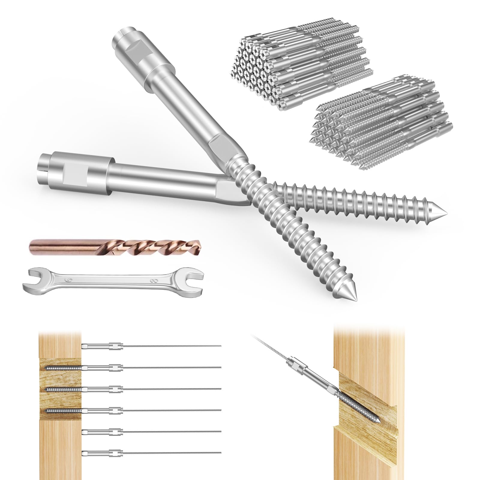 BLIKA Upgraded 60 Pack 1/8" Swageless Lag Screws Left & Right for Wood Posts, Swageless Lag Screw Terminals, T316 Stainless Steel, Cable Railing