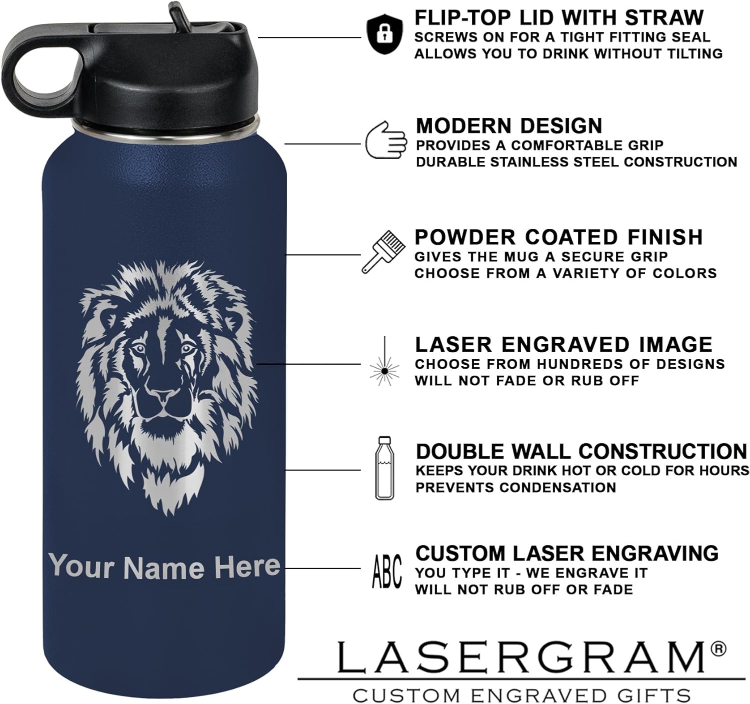 LaserGram Personalized Water Bottle, Barber Shop Pole, Stainless Steel Double Wall Vacuum Insulated with Flip Top Straw, Custom Engraved Gift (32oz / 950ml Navy Blue)