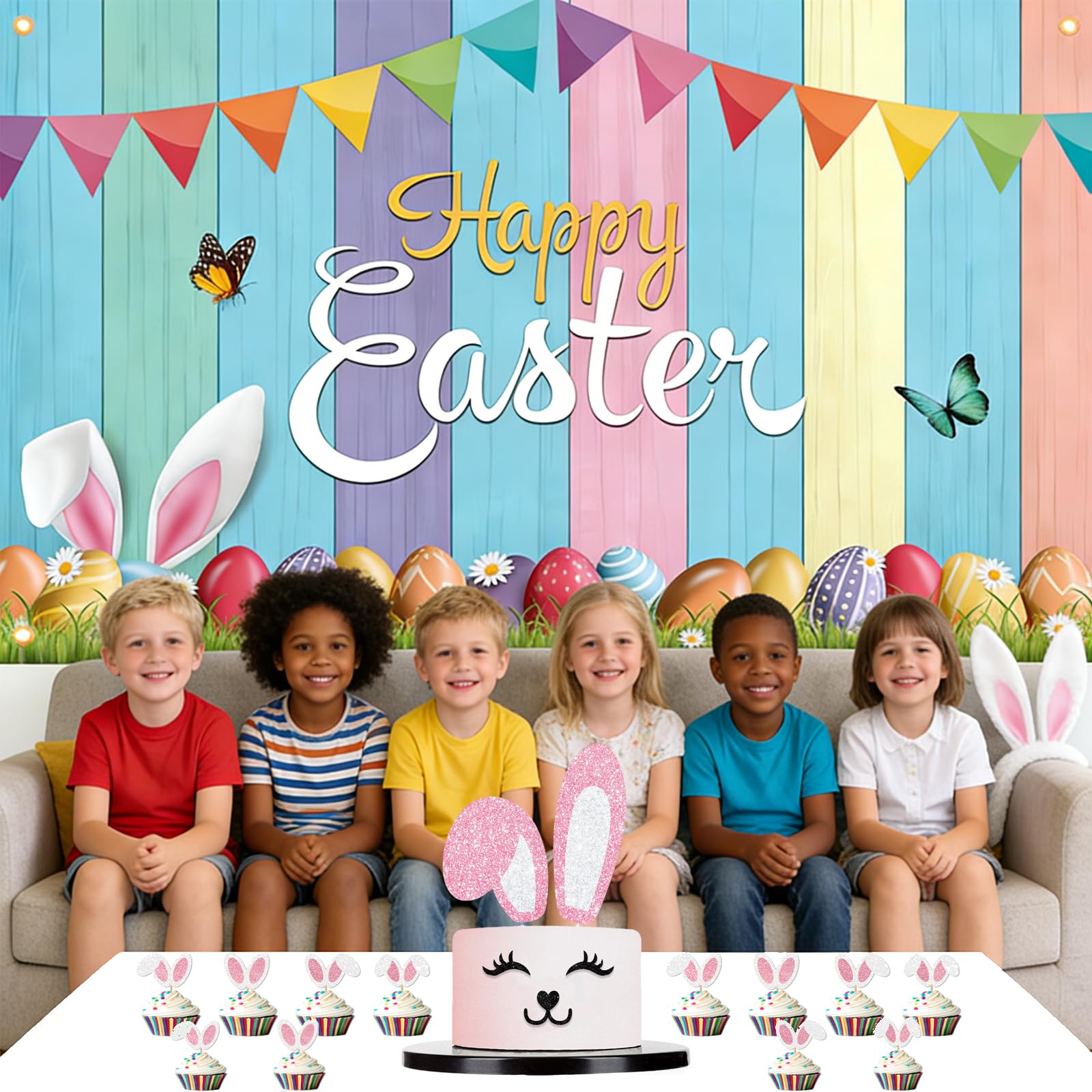 HattusaShield Happy Easter Banner Decorations,150 x 90cm Easters Backdrops with Eggs Rabbit Bunny with Eyelets - Image 4