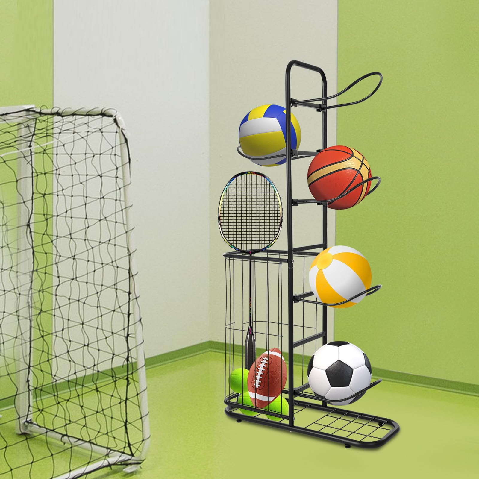 Estantería de almacenamiento de baloncesto, soporte para pelotas con 5 soportes de bolas y cestas, organizador para equipos deportivos, organizador para rugby, voleibol, fútbol