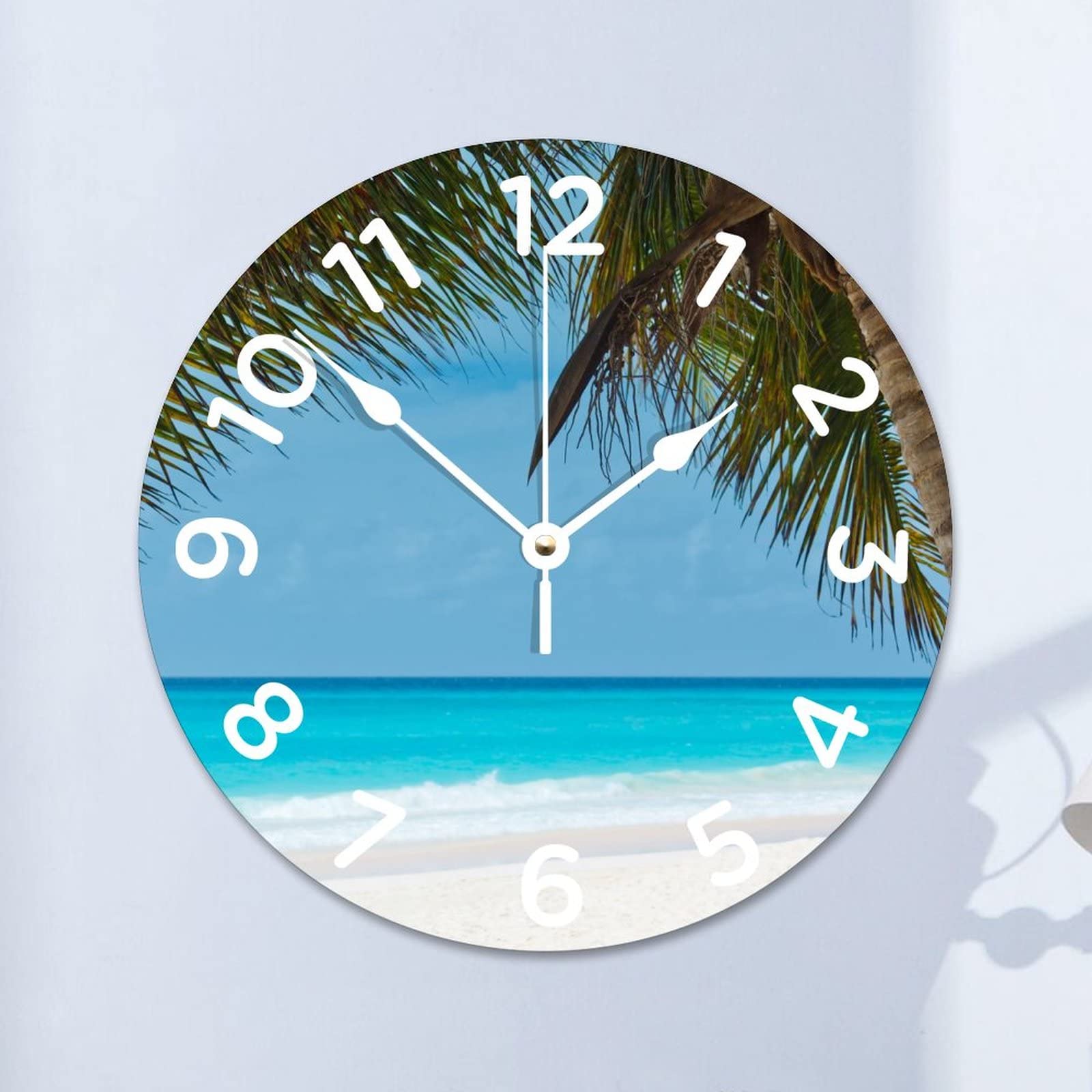 Horloge murale ronde et silencieuse motif palmier bleu pour la cuisine