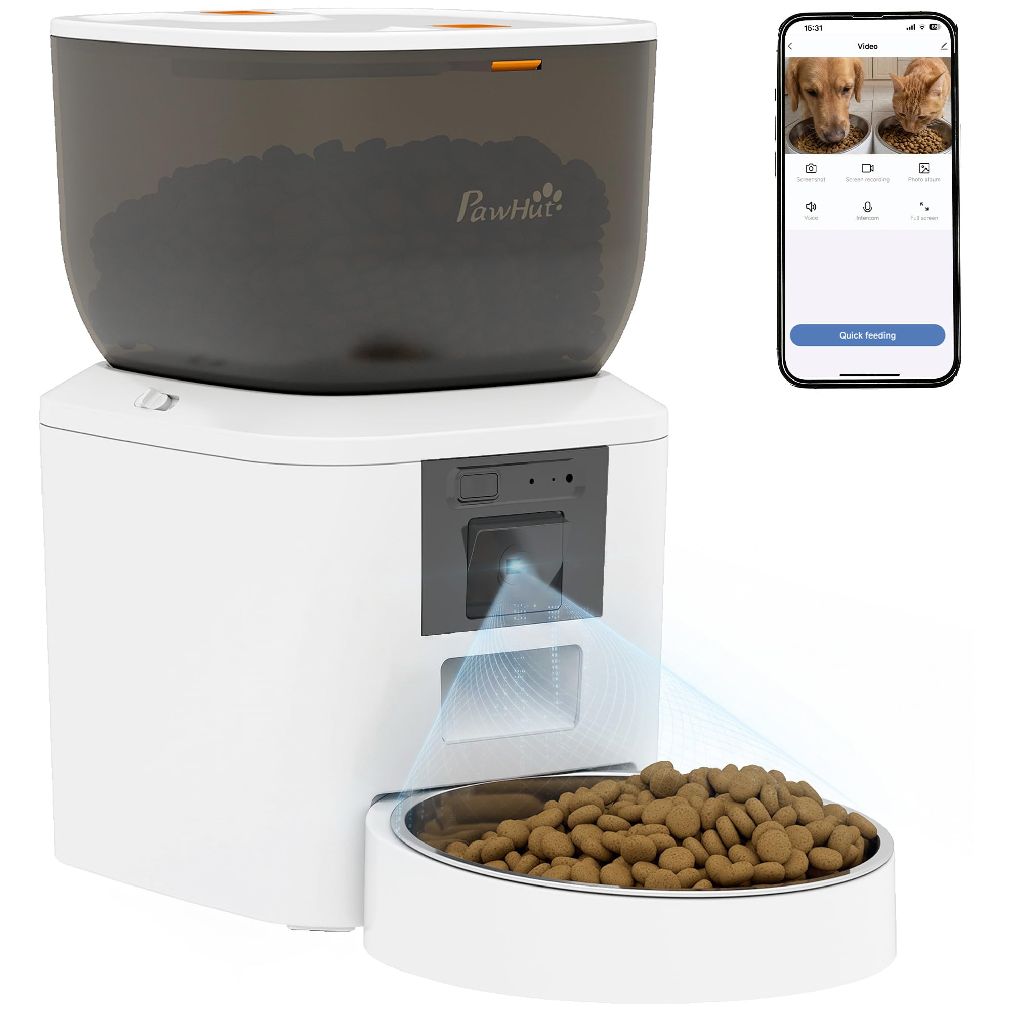 PawHut Comedero automático para gatos con cámara, WiFi de 2.4 G, control inteligente de aplicación, comedero para mascotas de 4 L, 1-10 comidas con audio de 2 vías, visión nocturna, antiobstrucción