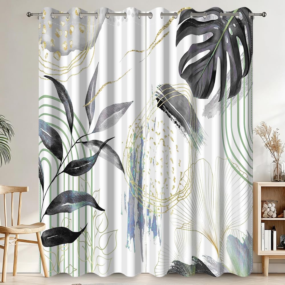 Rideaux Occultant Noir, Rideaux Occultant Tropical Boheme Feuilles de Palmier Rideau Thermiques Isolants Anti Froid et Chaleur Rideau à Oeillets pour Chambre Fenêtre, Lot de 2, 140x200cm