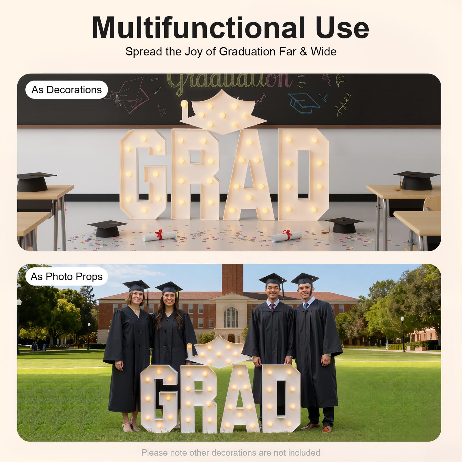 Kit de letras de graduación, 5 piezas de letras LED de gran tamaño, decoraciones de graduación, letreros de adornos para jardín de infantes, suministros de fiesta de secundaria
