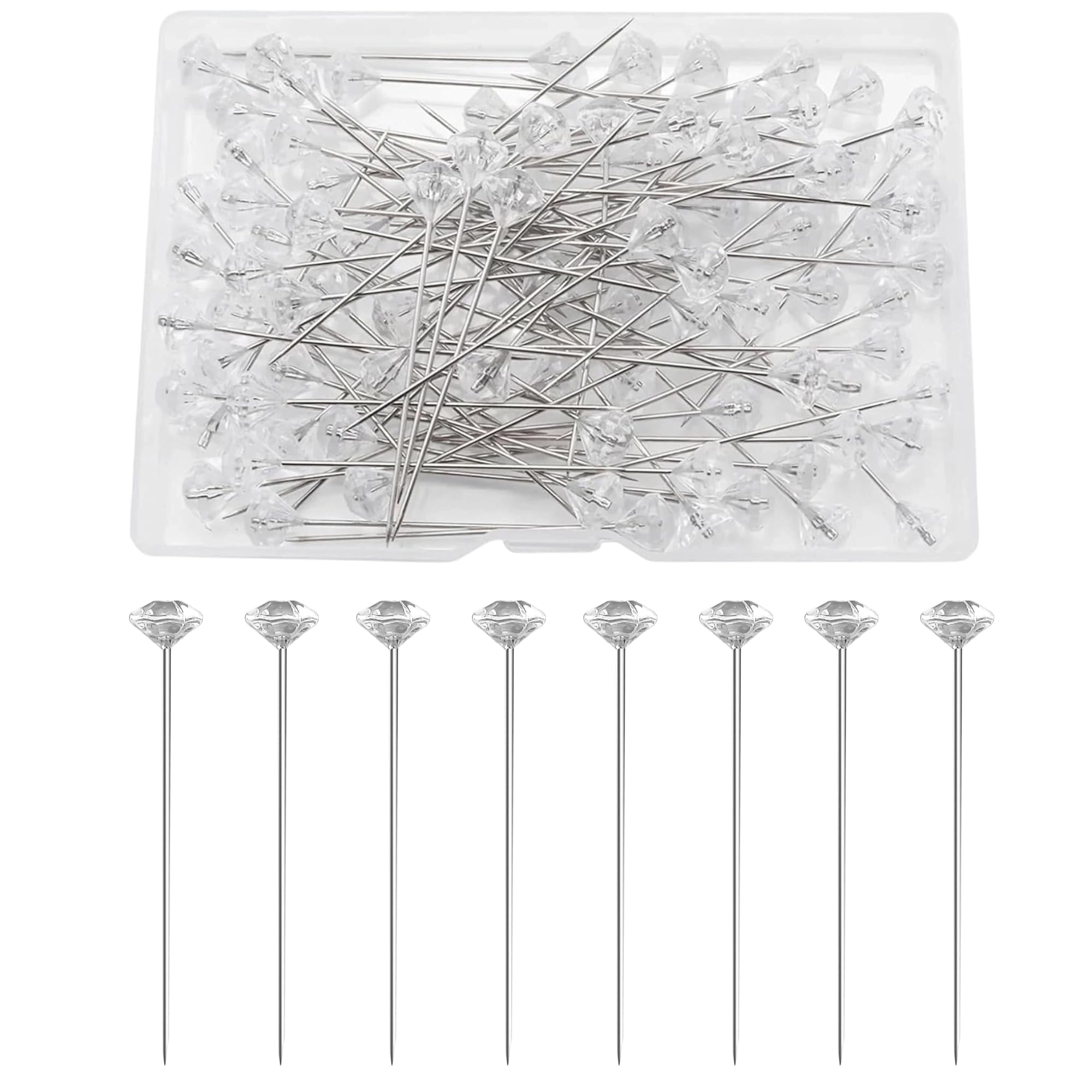 Elenviorina Silver 100 Pcs Clear Crystal Flower Head Pins, 6X38mm Straight Sewing Pins, Diamante Bouquet Pins For Wedding, Corsages, Crafts And Diy Decorations