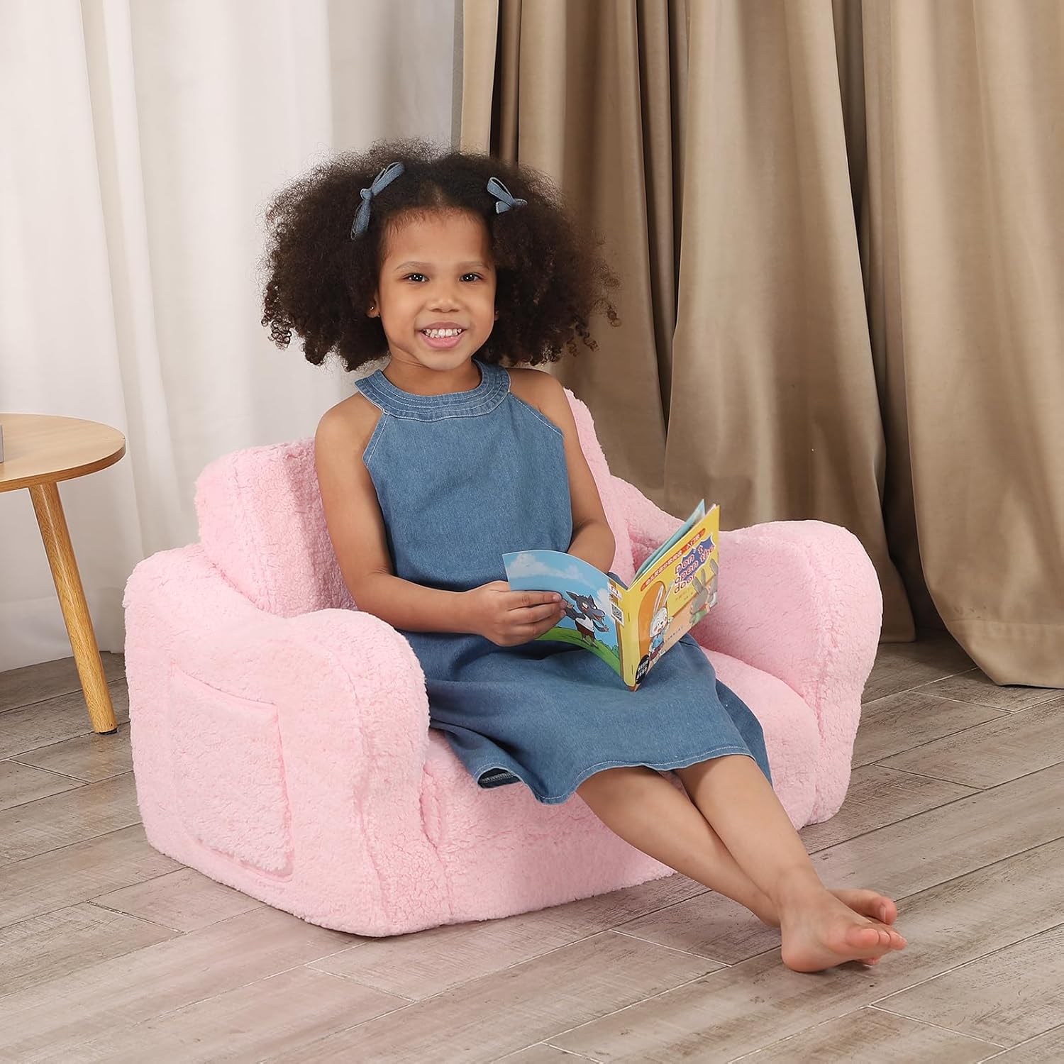 Comfy Toddler Chair, 2-in-1 Toddler Couch Fold Out, Convertible Sherpa Sofa to Lounger for Boys & Girls, Pink - Image 5