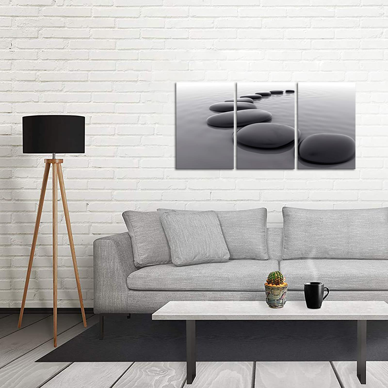 Apicoture Zen Wall Art -Black and White Stone Bathroom Wall Decor Relaxing Spa Room Living Room Canvas Wall Decorations 16"x24"x3 Pieces