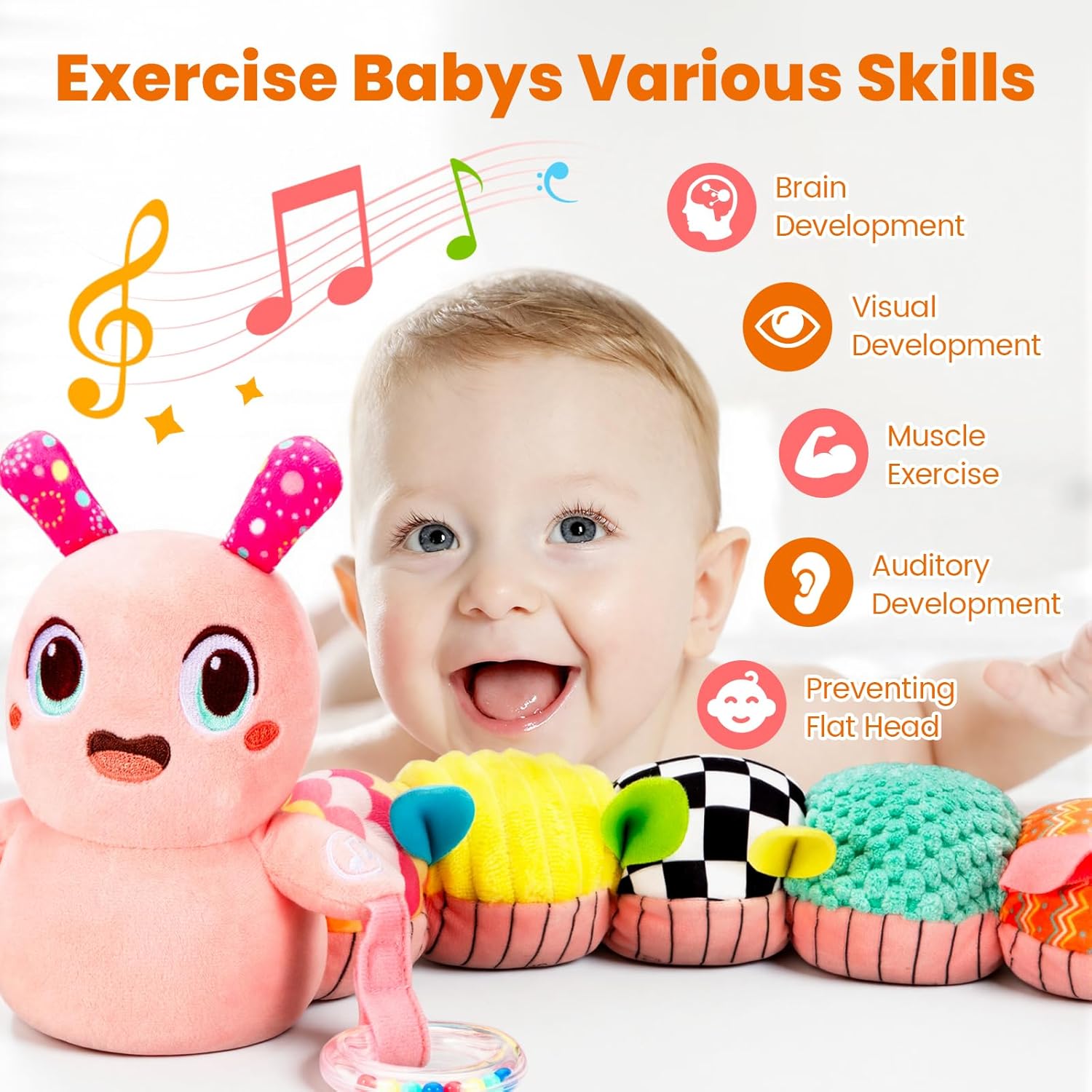 Baby Toys 0-6 Months, Washable Baby Musical Caterpillar Toys with 10 Children's Songs,Rattles,Teething Toys,Suitable for 0-6, 6-12 Months Infant Tummy Time Toy,Newborn Baby Boy&Gril Gifts(Light Pink)