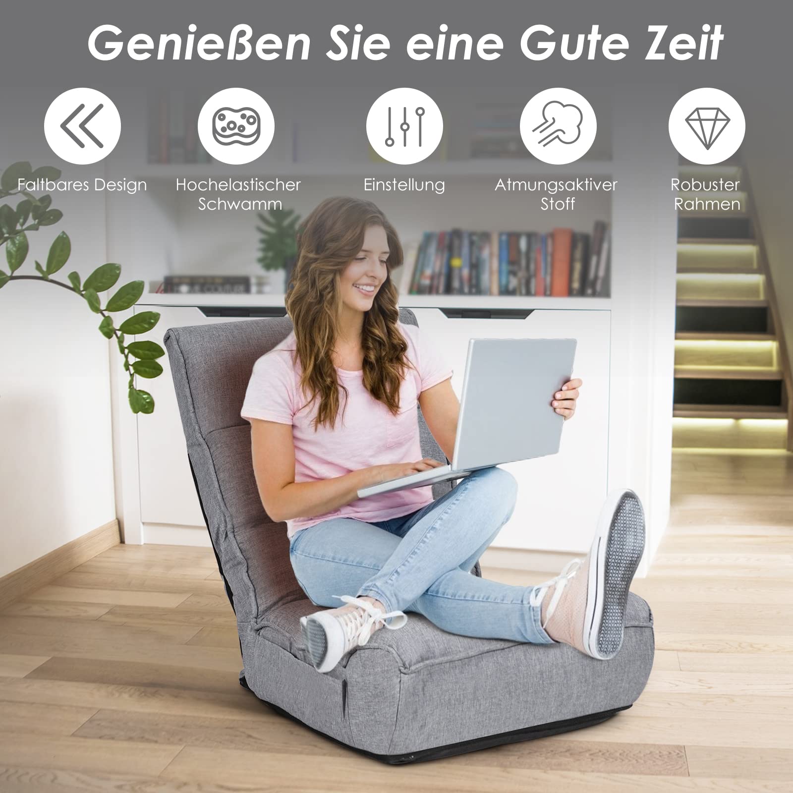 COSTWAY 4-stopniowo regulowane krzesło podłogowe, wyściełana sofa podłogowa z 5-stopniową regulacją zagłówka i kieszenią boczną, ergonomiczne krzesło składane, fotel podłogowy do 140 kg (szary)