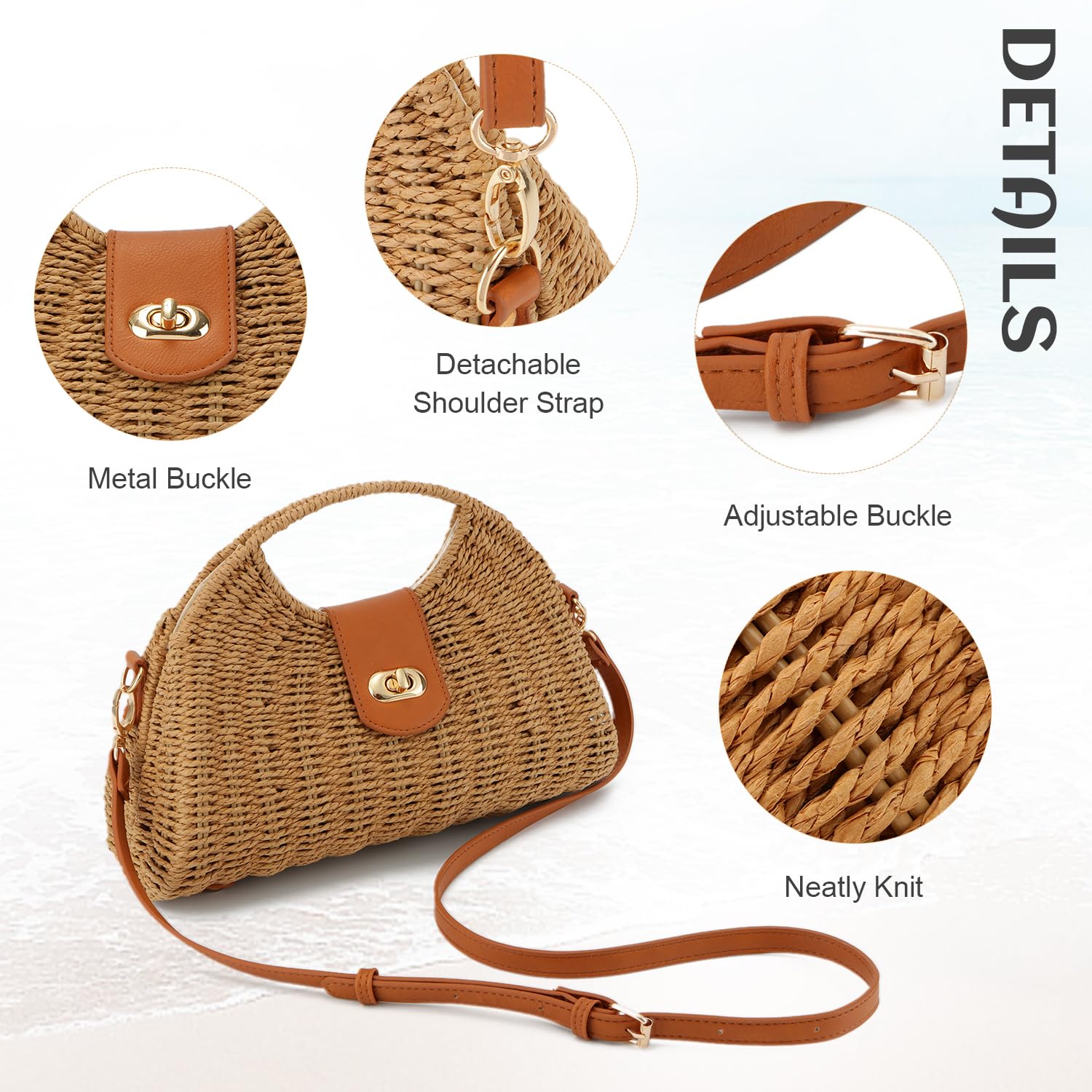 EVEOUT Bolso Bandolera Ratán Mujer Boho Chic Bolsos Cesta Paja Verano Bolsa de Mano Tejido para Playa Vacaciones